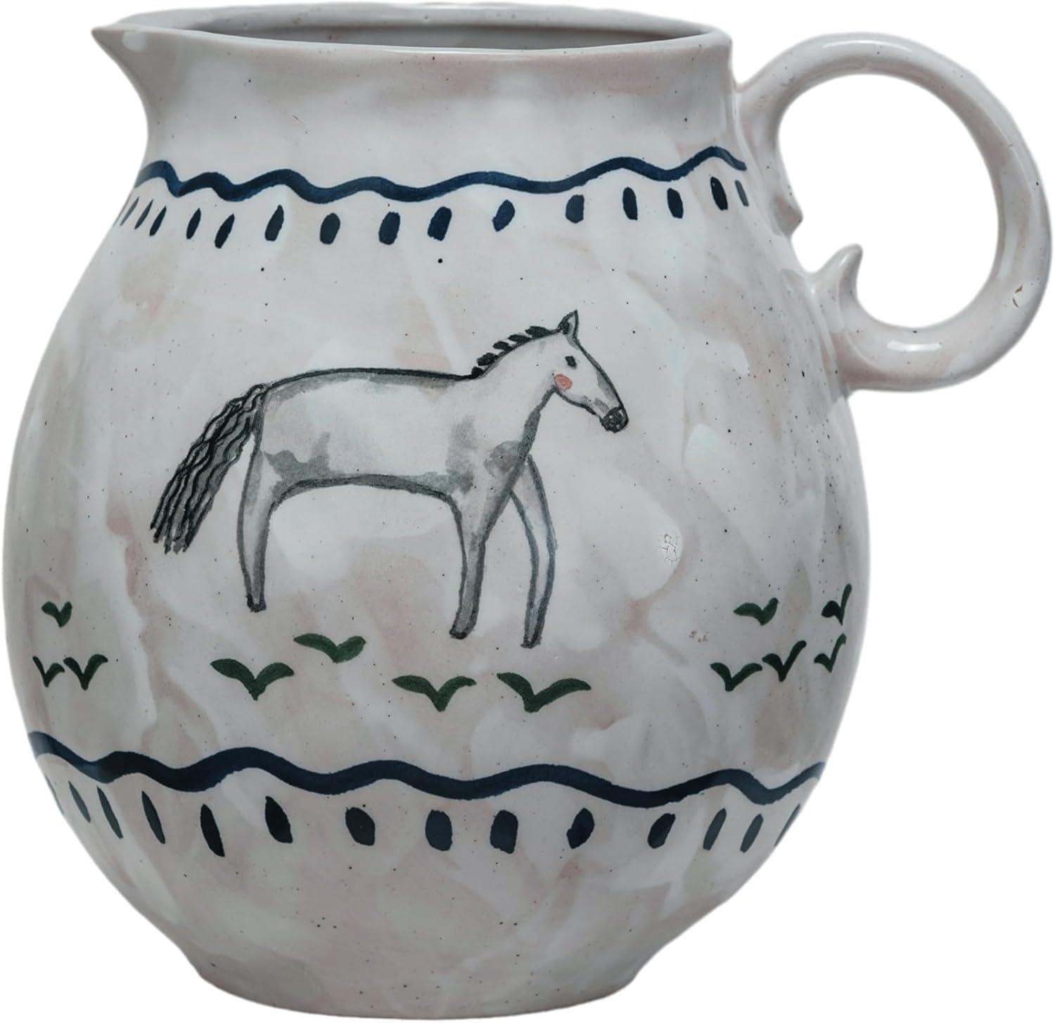 80 fl. oz. Multicolor Hand-Painted Stoneware Pitcher with Horse Design