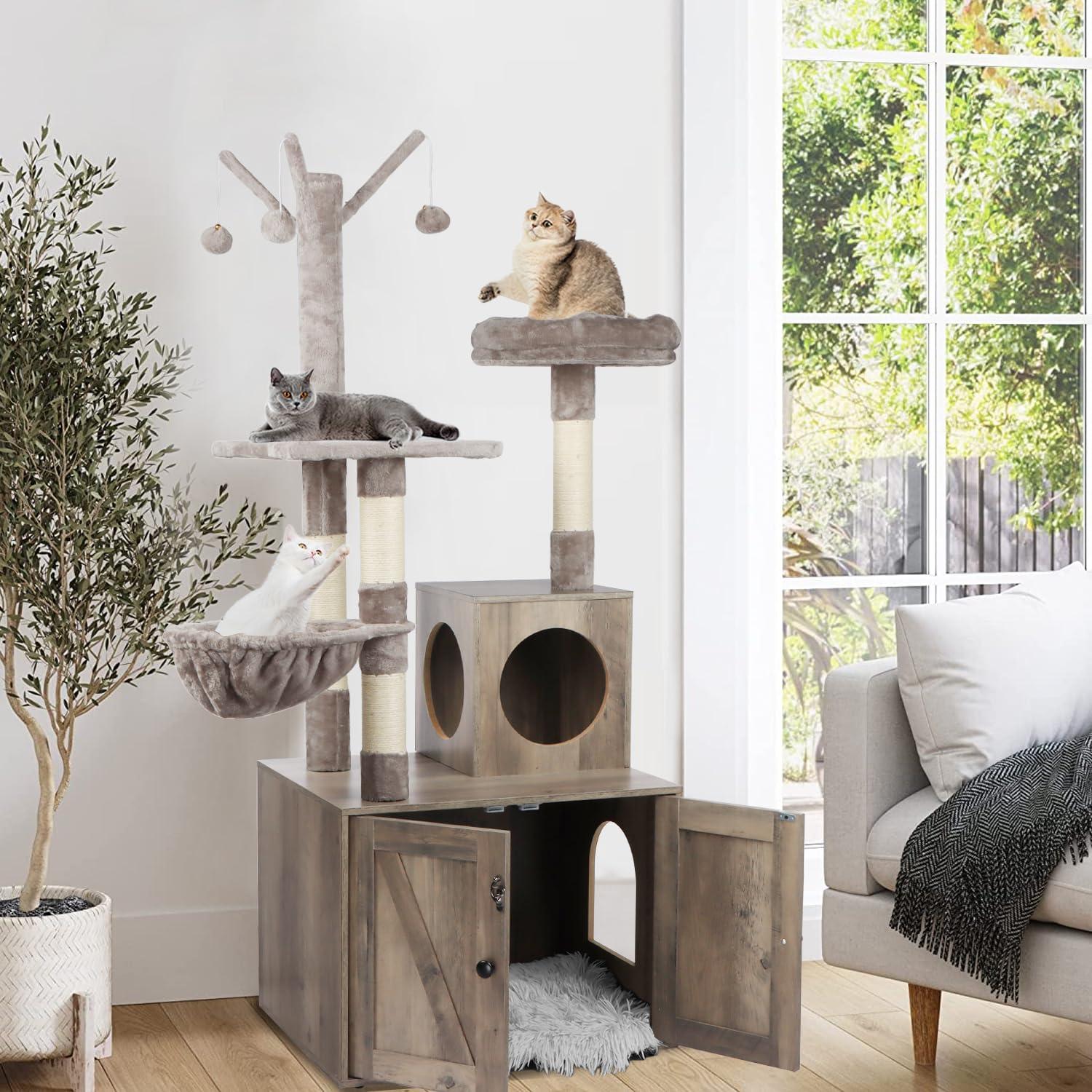 Litter Box Enclosure with Cat Tree, 2-in-1 Cat Tree Tower, Hidden Cat Litter Box Furniture with Scratching Post, Modern Cat Condo, Grey