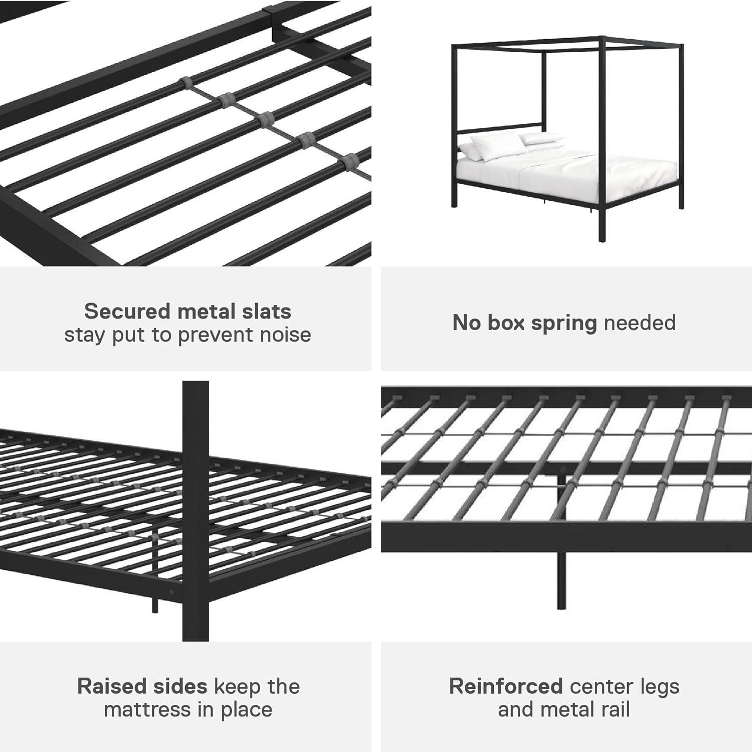 Queen Black Metal Canopy Platform Bed with Headboard and Slats