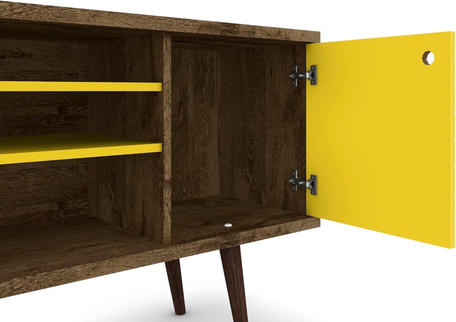 Liberty 53.14" Mid Century - Modern TV Stand with 5 Shelves & 1 Door with Solid Wood Legs, Brown, Yellow