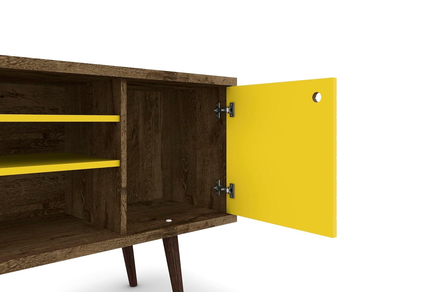 Liberty 53.14" Mid Century - Modern TV Stand with 5 Shelves & 1 Door with Solid Wood Legs, Brown, Yellow