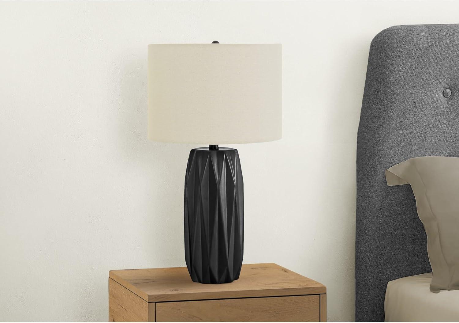 Benjara Table Lamp, 25 Inch Black Textured Ceramic Base, Ivory Fabric Shade