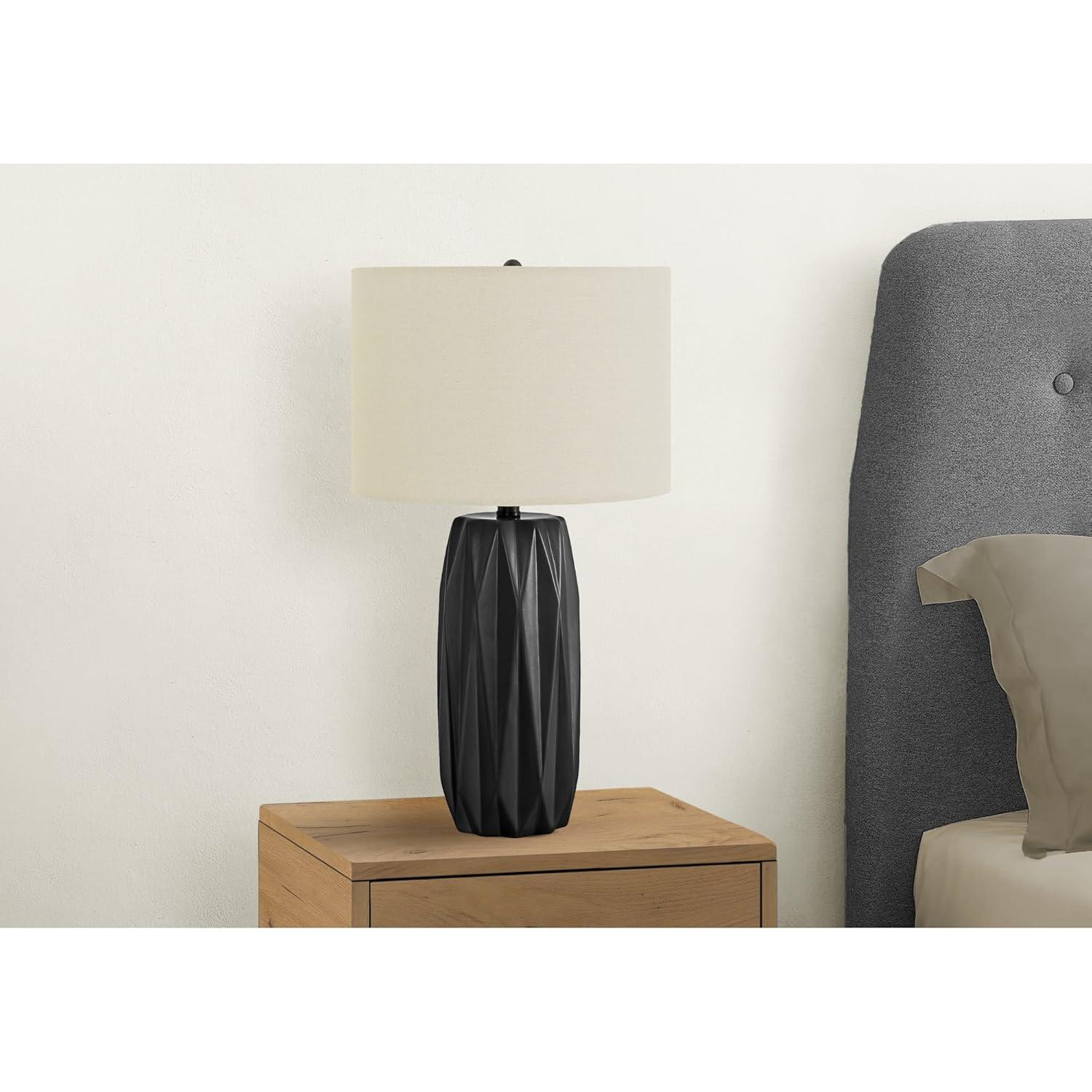 Benjara Table Lamp, 25 Inch Black Textured Ceramic Base, Ivory Fabric Shade