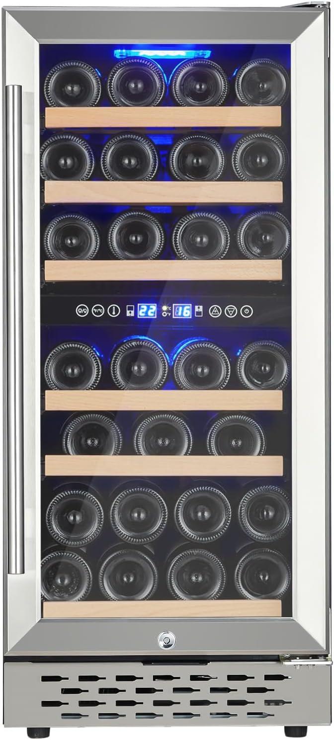 28 Bottle Wine Cooler Refrigerator - Double-Layer Glass Door, Temperature Stable, Digital Touch Control, Single Area Dual Temperature, with Safety Lock, Built-in or Freestanding