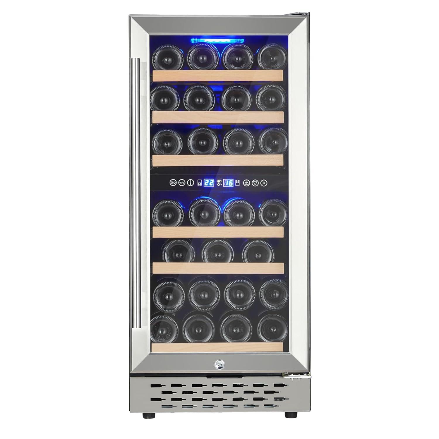 28 Bottle Wine Cooler Refrigerator - Double-Layer Glass Door, Temperature Stable, Digital Touch Control, Single Area Dual Temperature, with Safety Lock, Built-in or Freestanding