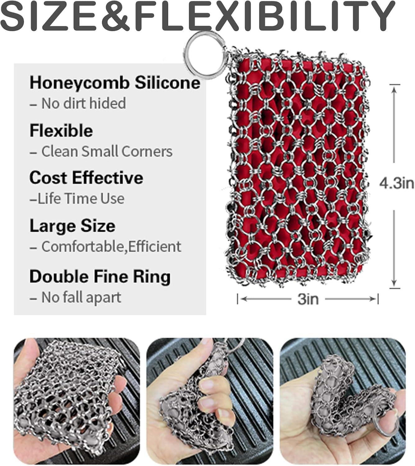 Red Silicone and Stainless Steel Chainmail Cast Iron Scrubber