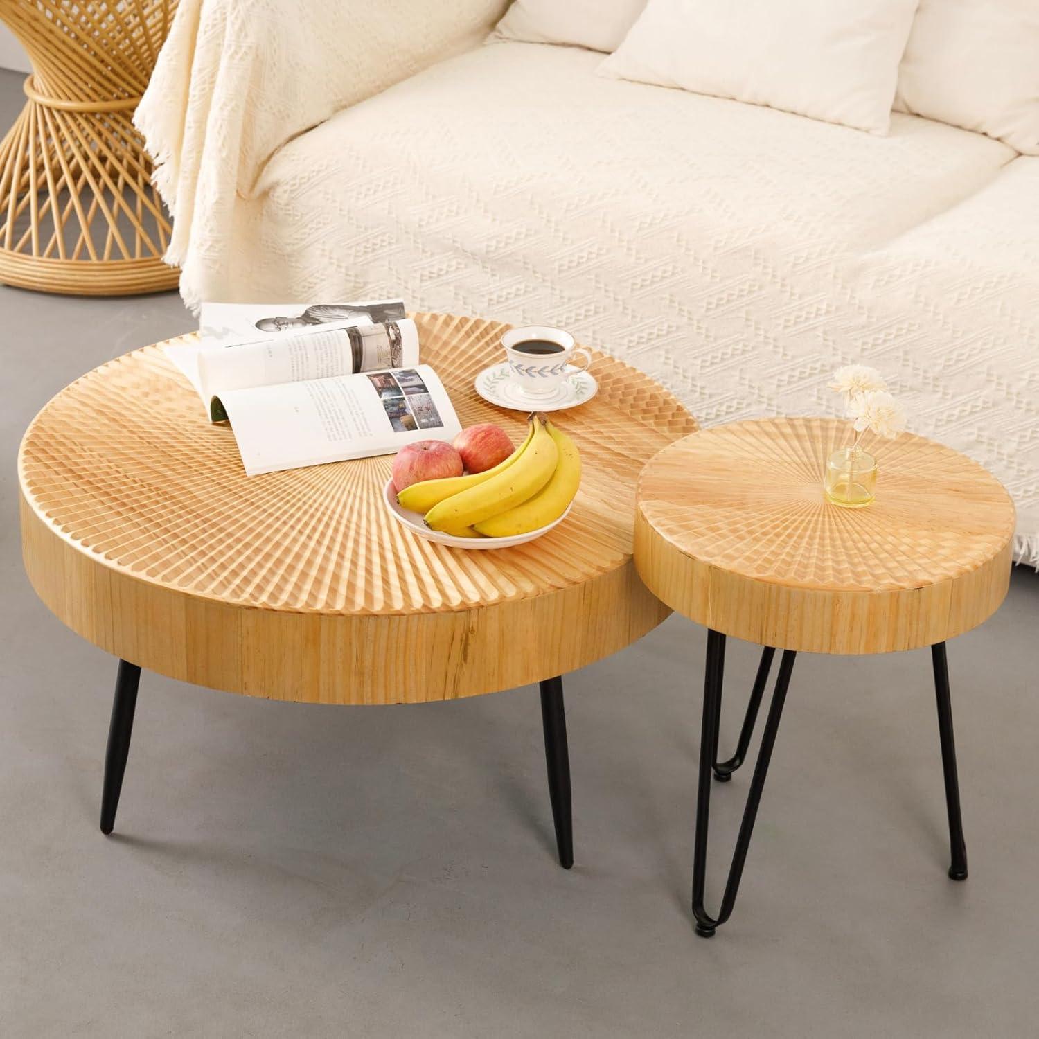 Round Natural Wood Farmhouse Nesting Coffee Table Set