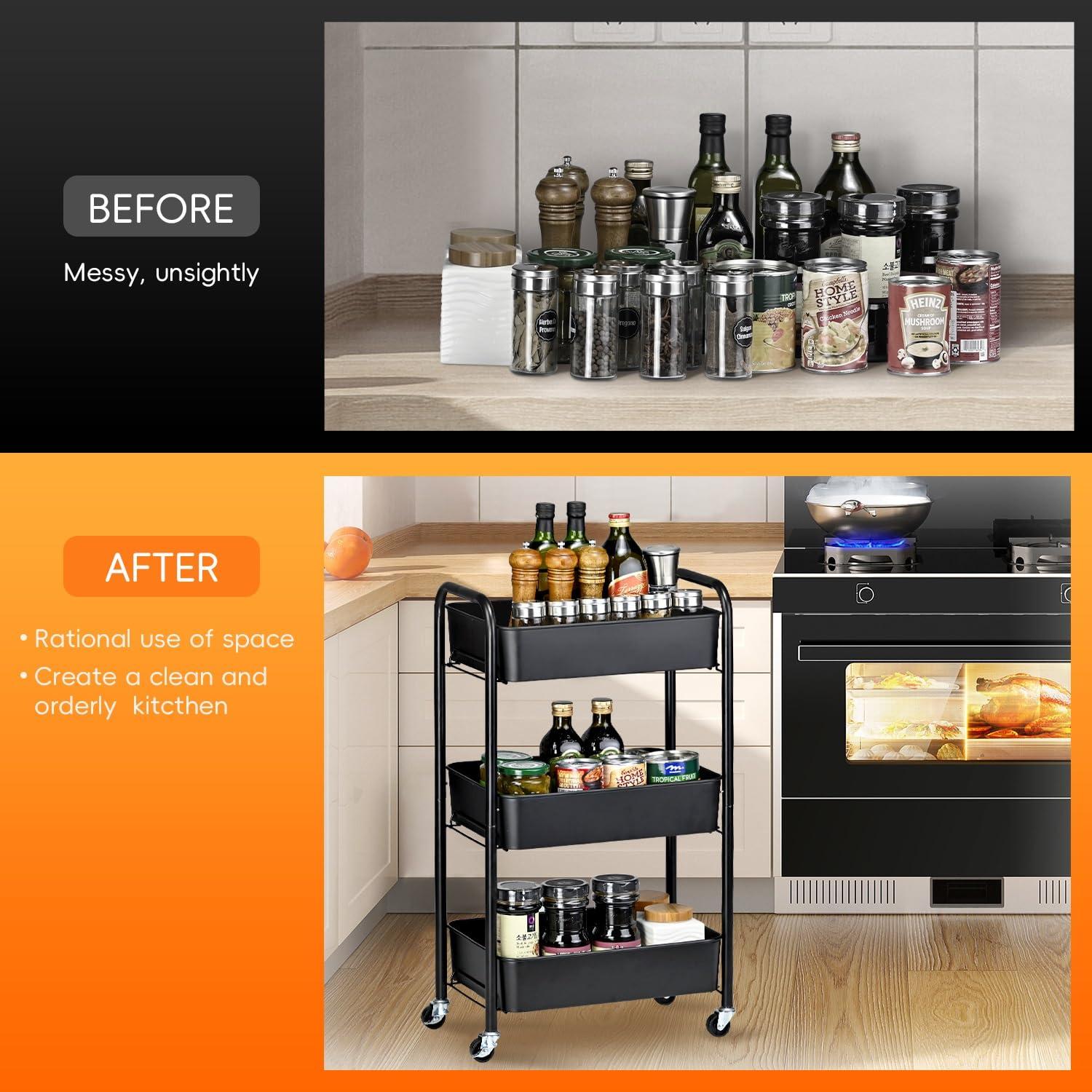 Zeki Shoggy 3-Tier Rolling Metal Storage Organizer - Mobile Utility Cart, Kitchen Cart With Caster Wheels (Black)