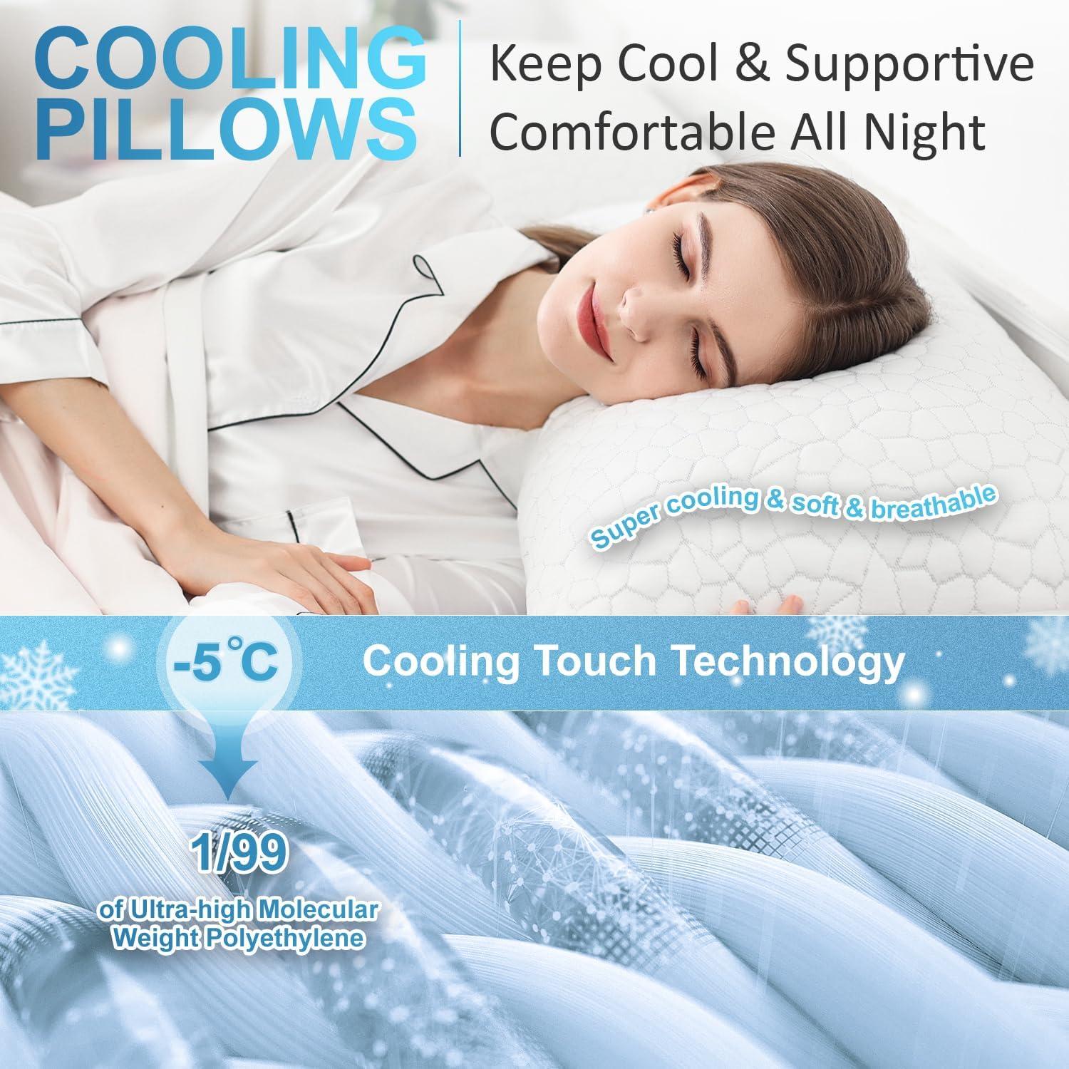 Cooling Pillows for Sleeping 2 Pack, Shredded Memory Foam Bed Pillows Queen Size Set of 2, Gel Pillow for Hot Sleepers Cool Pillow for Side Back and Stomach Sleepers, Cold Pillow, Supportive