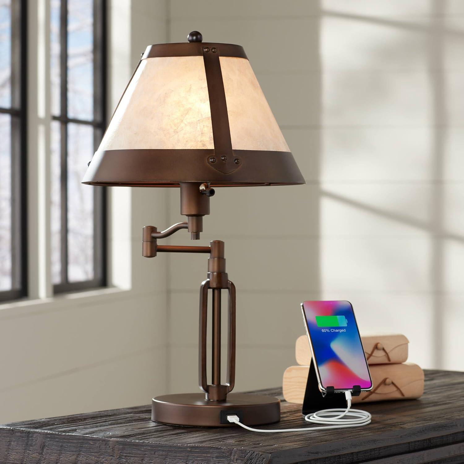 Franklin Iron Works Samuel Industrial Desk Lamp 21 1/4" High Bronze Swing Arm with USB Charging Port Natural Mica Shade for Bedroom Living Room House