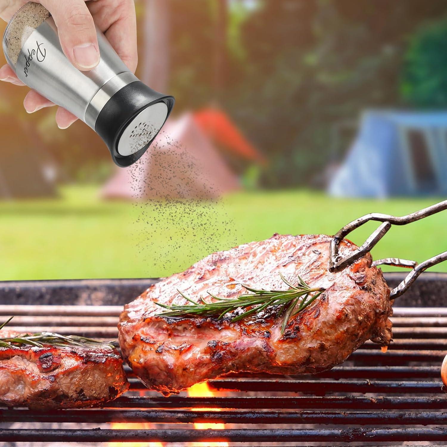 Juvale Stainless Steel Salt and Pepper Shakers Set with Glass Bottom, Perforated "S" and "P" Caps - Modern Kitchen Decor (4oz)