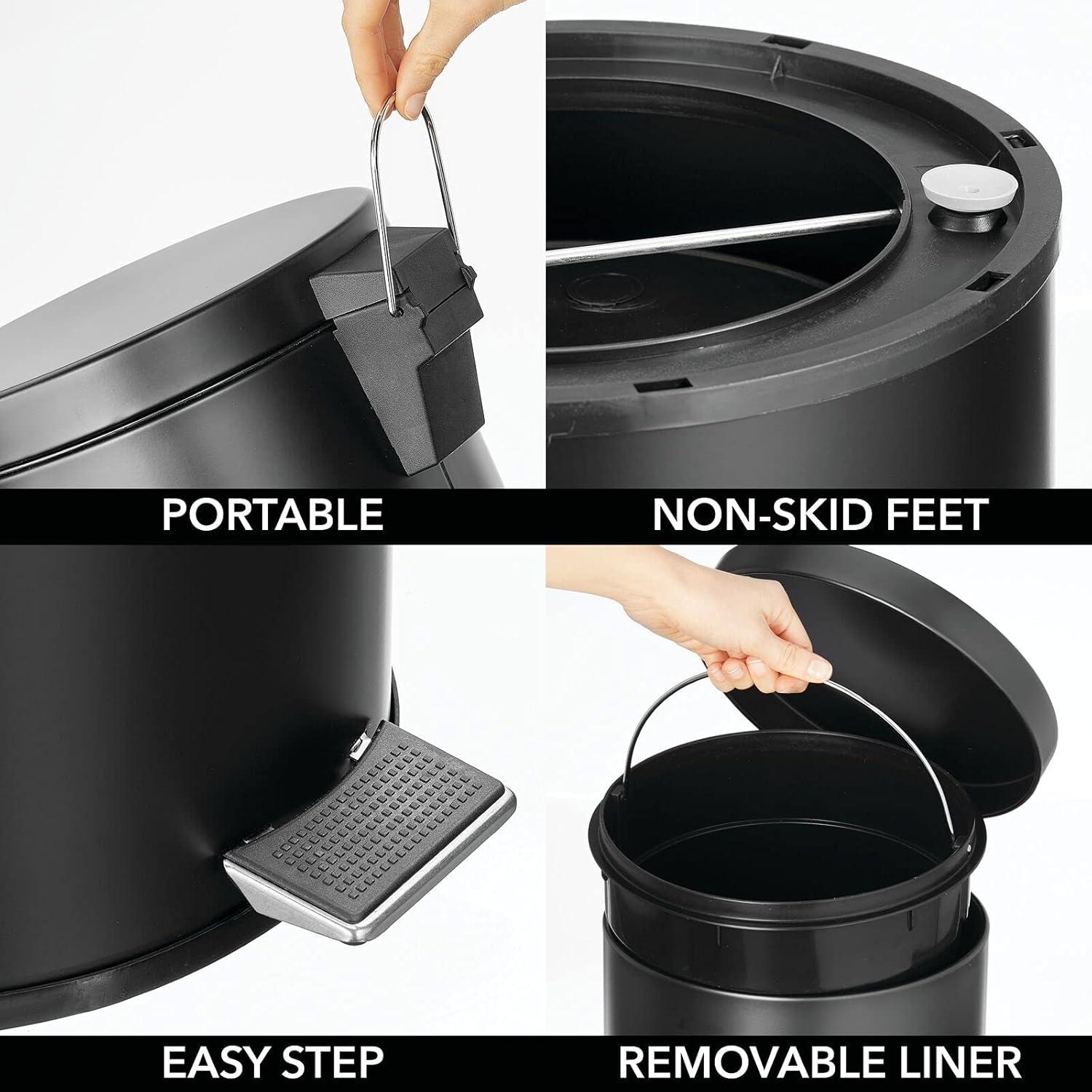 Small Modern Round Lidded Step Trash Can, Compact Garbage Bin with Liner Bucket and Handle for Bathroom, Kitchen, Craft Room, Office, Garage