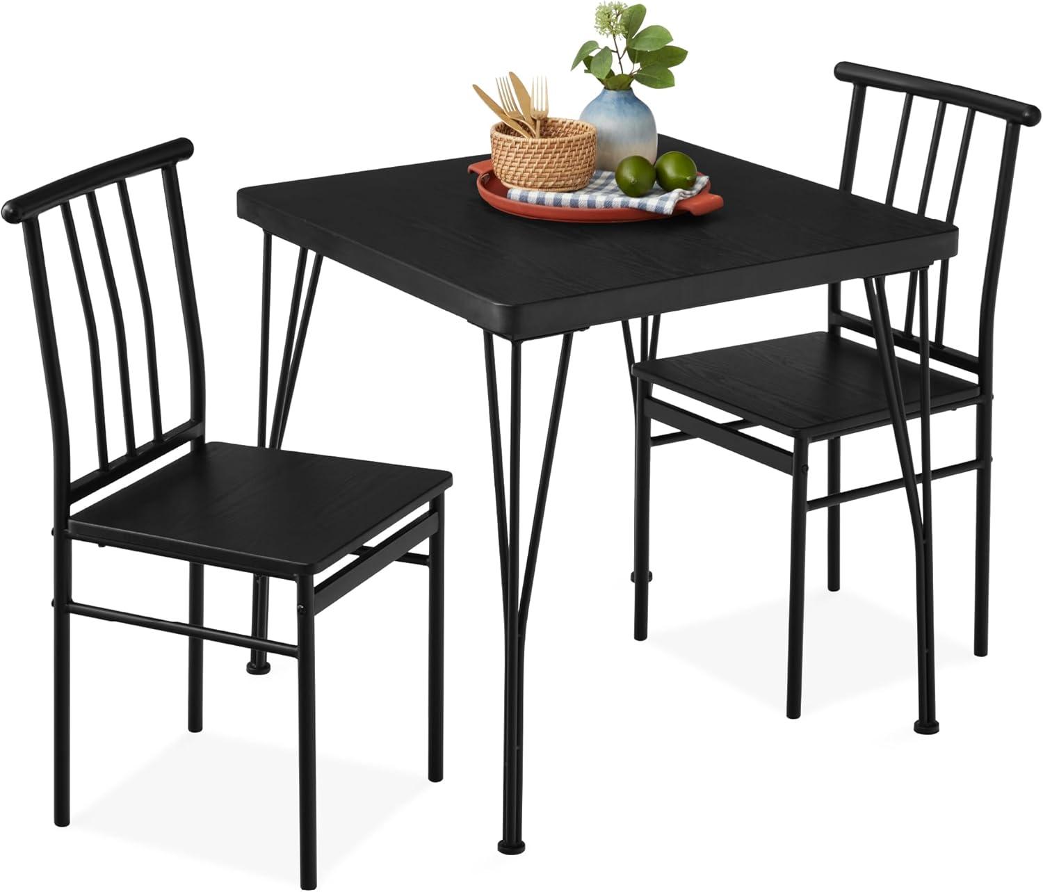 Black Metal and Wood 3-Piece Square Dining Set with Slat Back Chairs