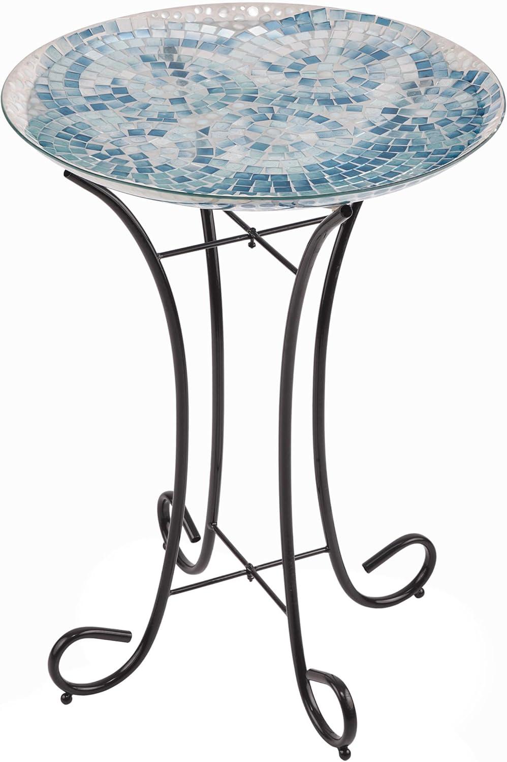 23" Outdoor Mosaic Glass Birdbath Bowl with Metal Stand Blue - Alpine Corporation: Weather-Resistant, Freestanding