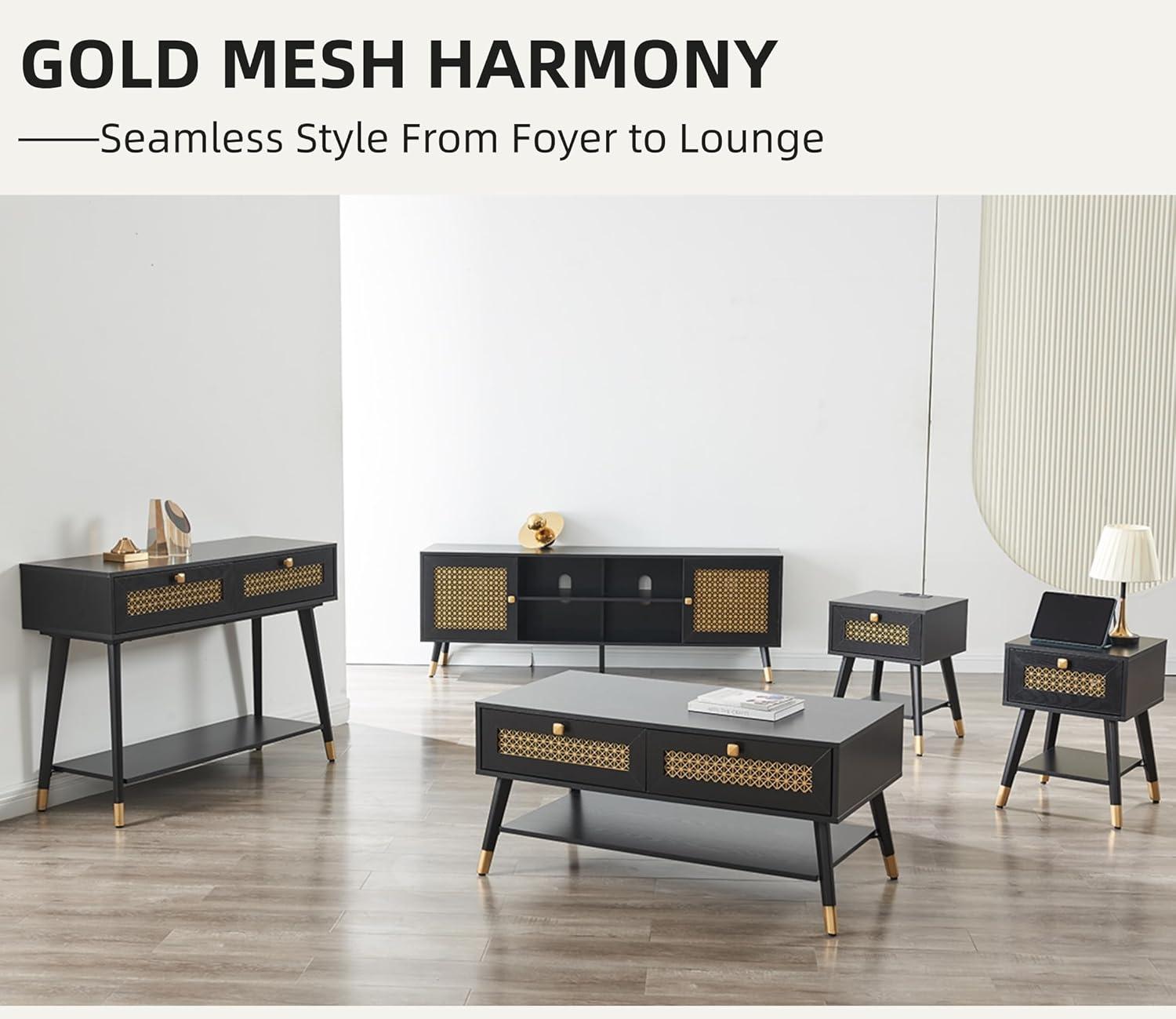 JYED Mid Century Modern Console Table with Gold Accent - 66" Entryway Table with Drawers, Faceted Taper Legs & Ventilated Storage for Hallway (Black)