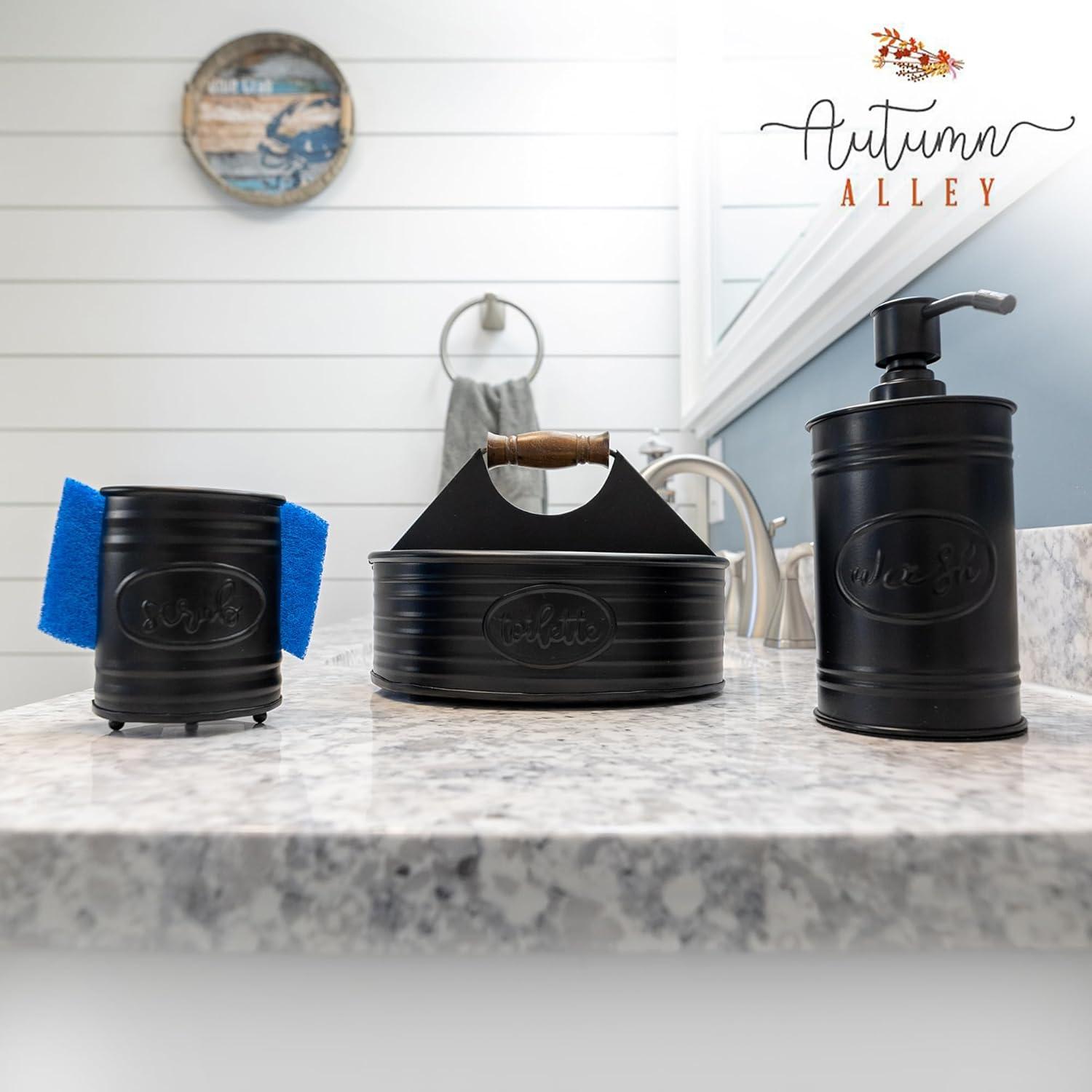Autumn Alley Black Metal Farmhouse Bathroom Toiletries Caddy Organizer with' Toilette' Label
