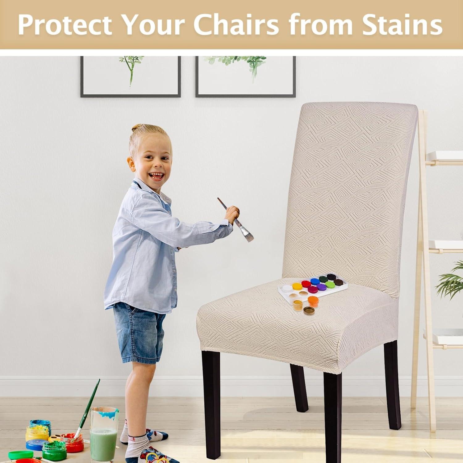 Beige Stretch Jacquard Dining Chair Covers, Set of 4