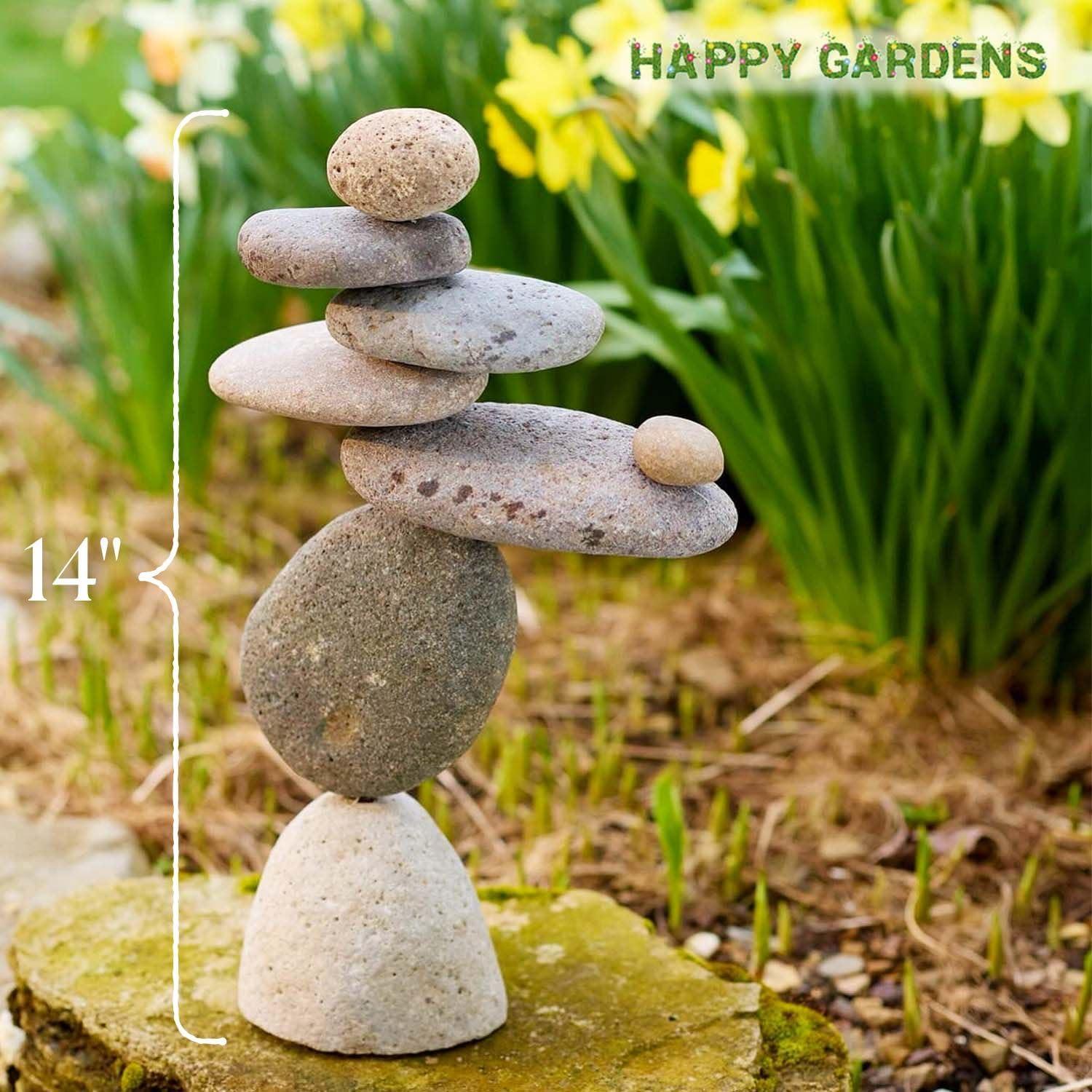 Ancient Graffiti Eight Stone Cairns Garden Sculpture – Natural River Rock Zen Yard Décor, Outdoor Stone Stack Ornament, 14"