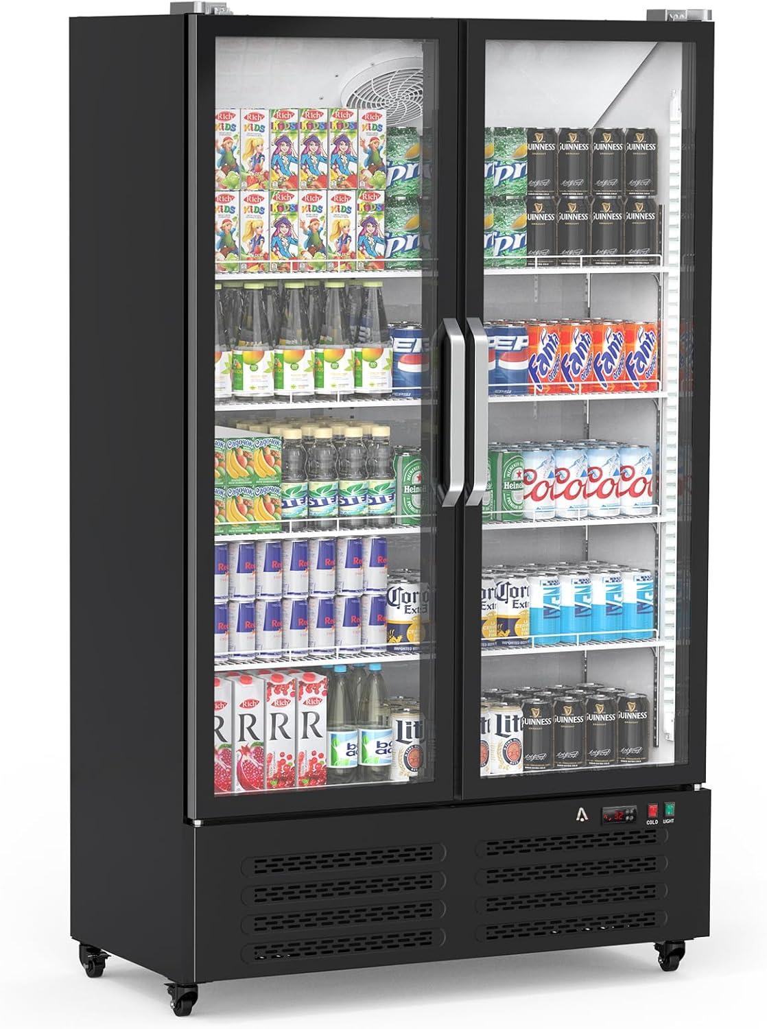 Aoile Commercial Display Refrigerator 25.5 Cu.Ft, Double Glass Door Upright Merchandiser Beverage Cooler with Wheels & LED Lighting