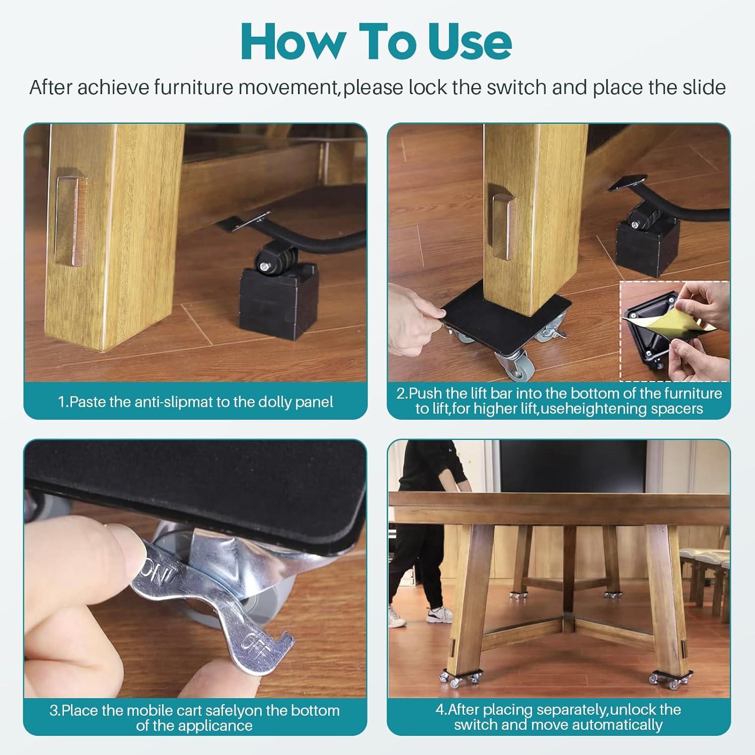 Heavy Duty Black Carbon Steel Furniture Dolly Set with Rubber Wheels