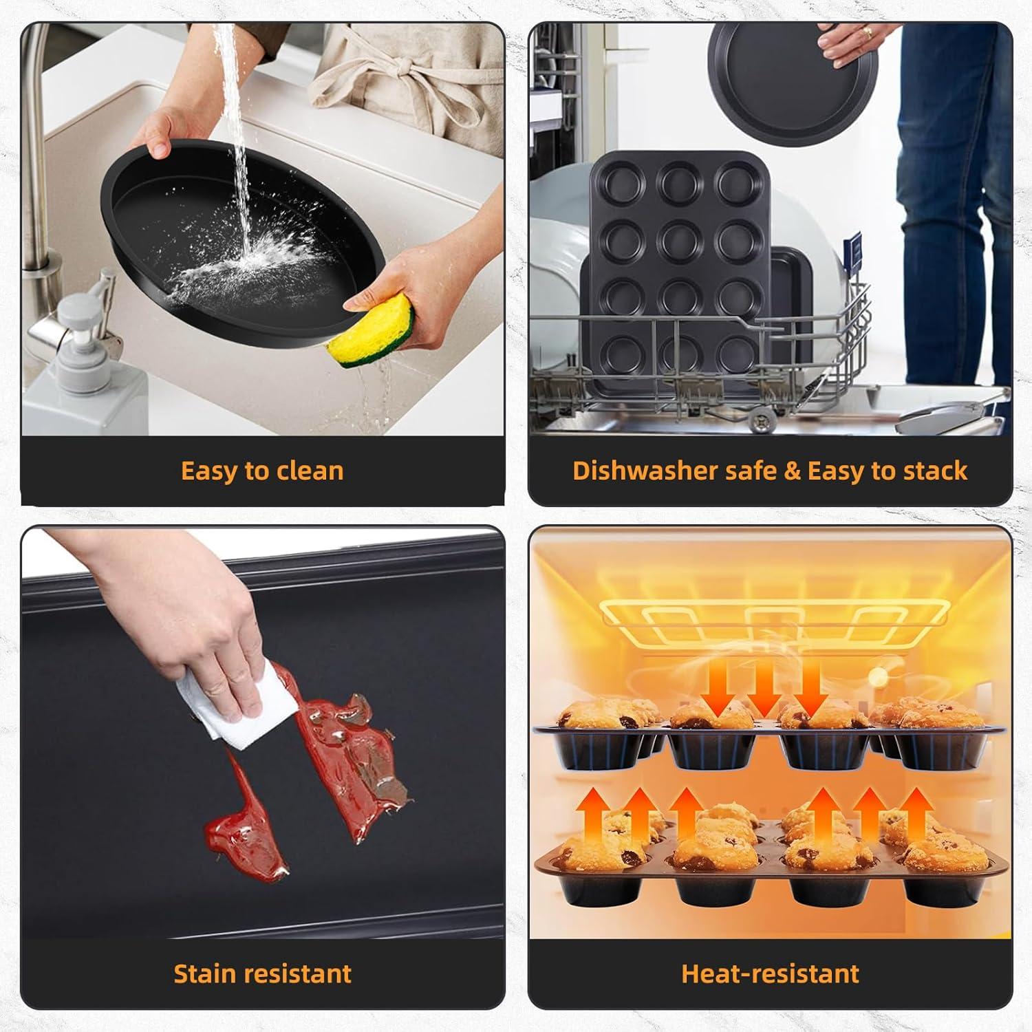 Baking Pans Set, 5-Piece Nonstick Bakeware Sets with Round/Square Cake Pan, Muffin Loaf Roast Pan, Baking Sheets for Oven, Kitchen Cookware Sets Baking Tray Baking Supplies, Gold