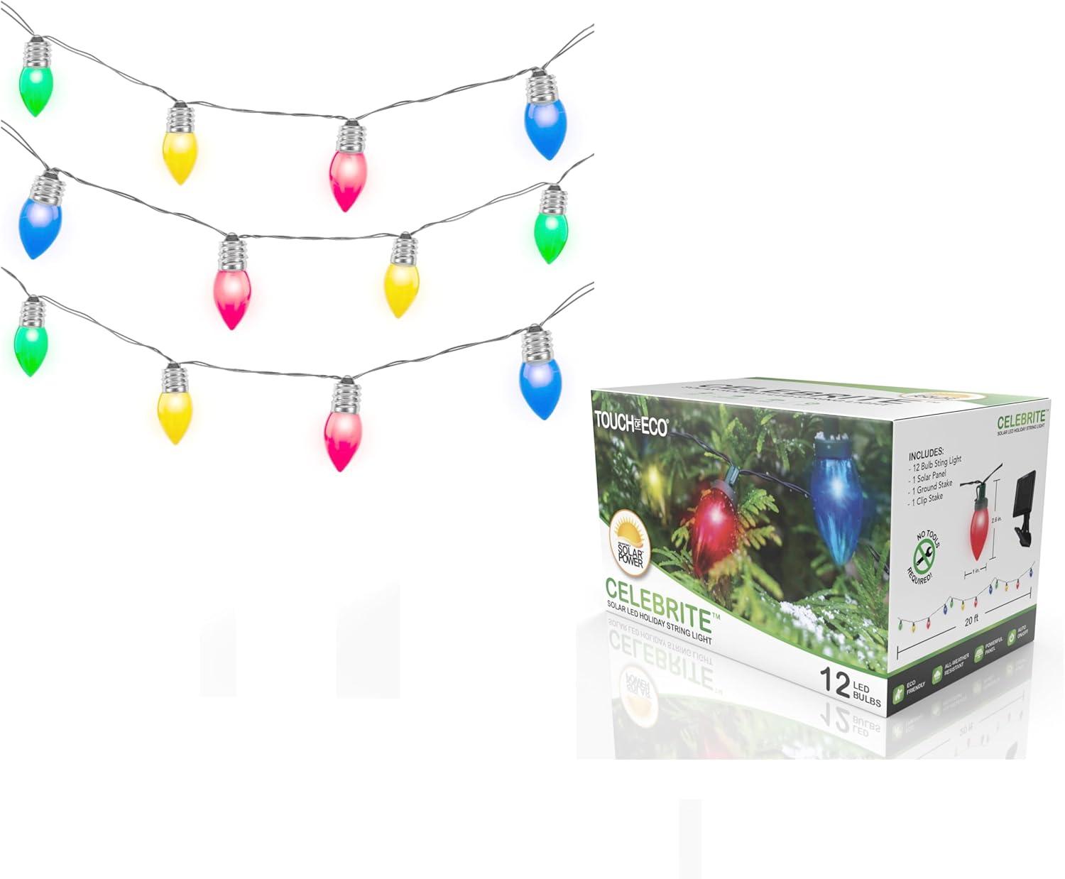 Solar LED Multi-Colored Christmas Bulb String Lights, 20 Feet