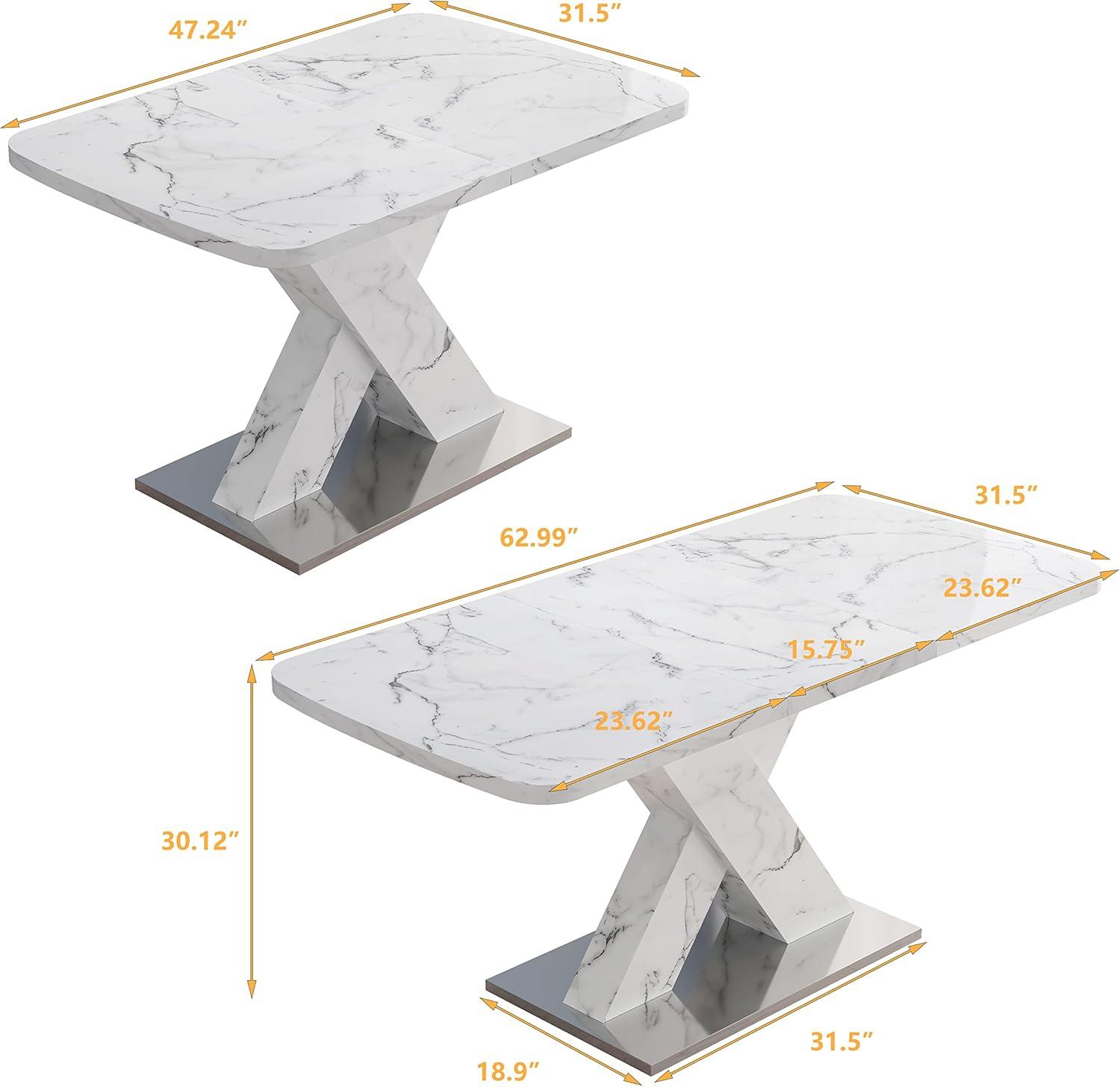 Extendable Dining Table for 4-6 People, Expandable 47-63 Inch Modern White Faux Marble Dining Room Table with MDF Table Top X-Shape Table Leg Metal Base (White Top, White Leg)
