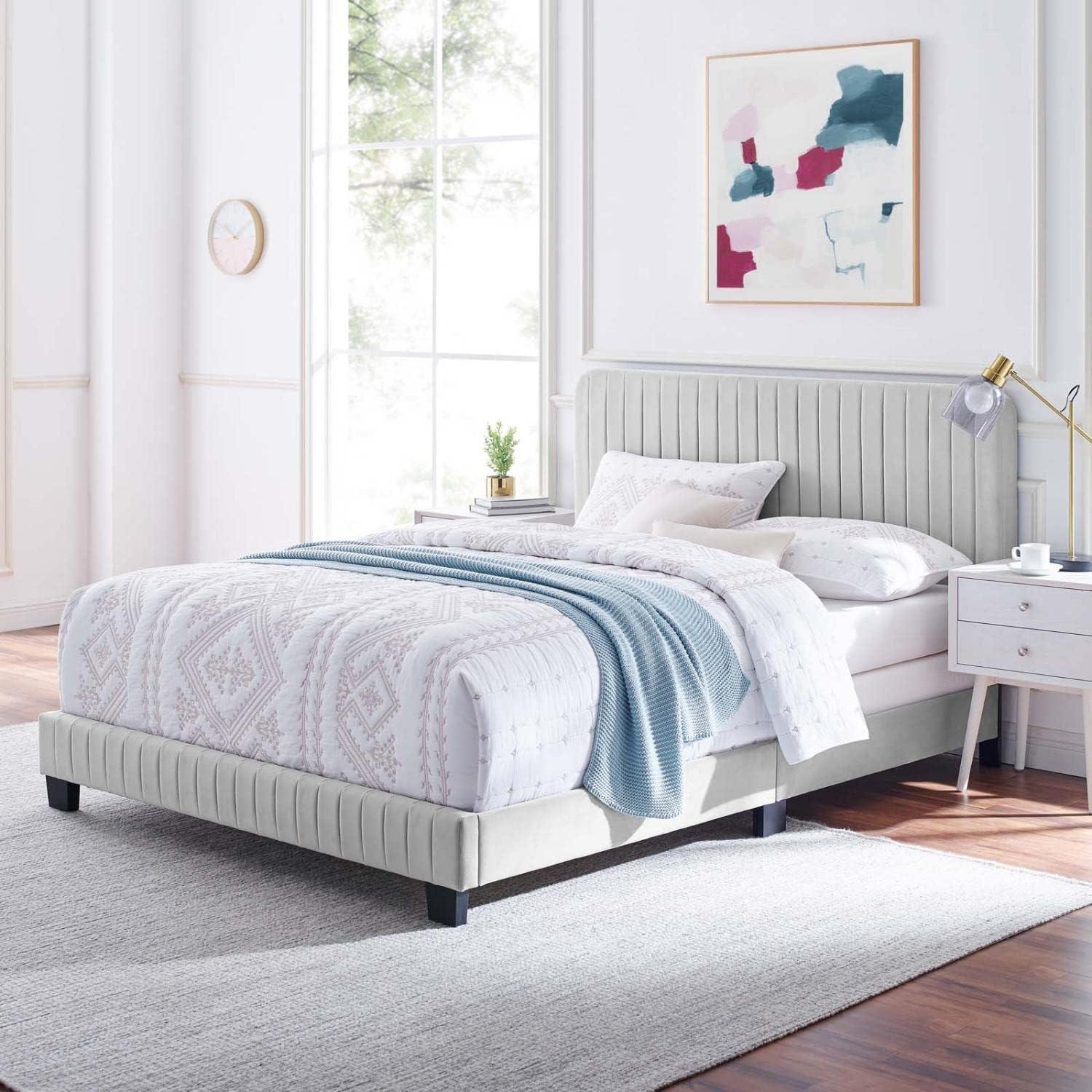 Modway Celine Channel Tufted Performance Velvet King Bed in Light Gray