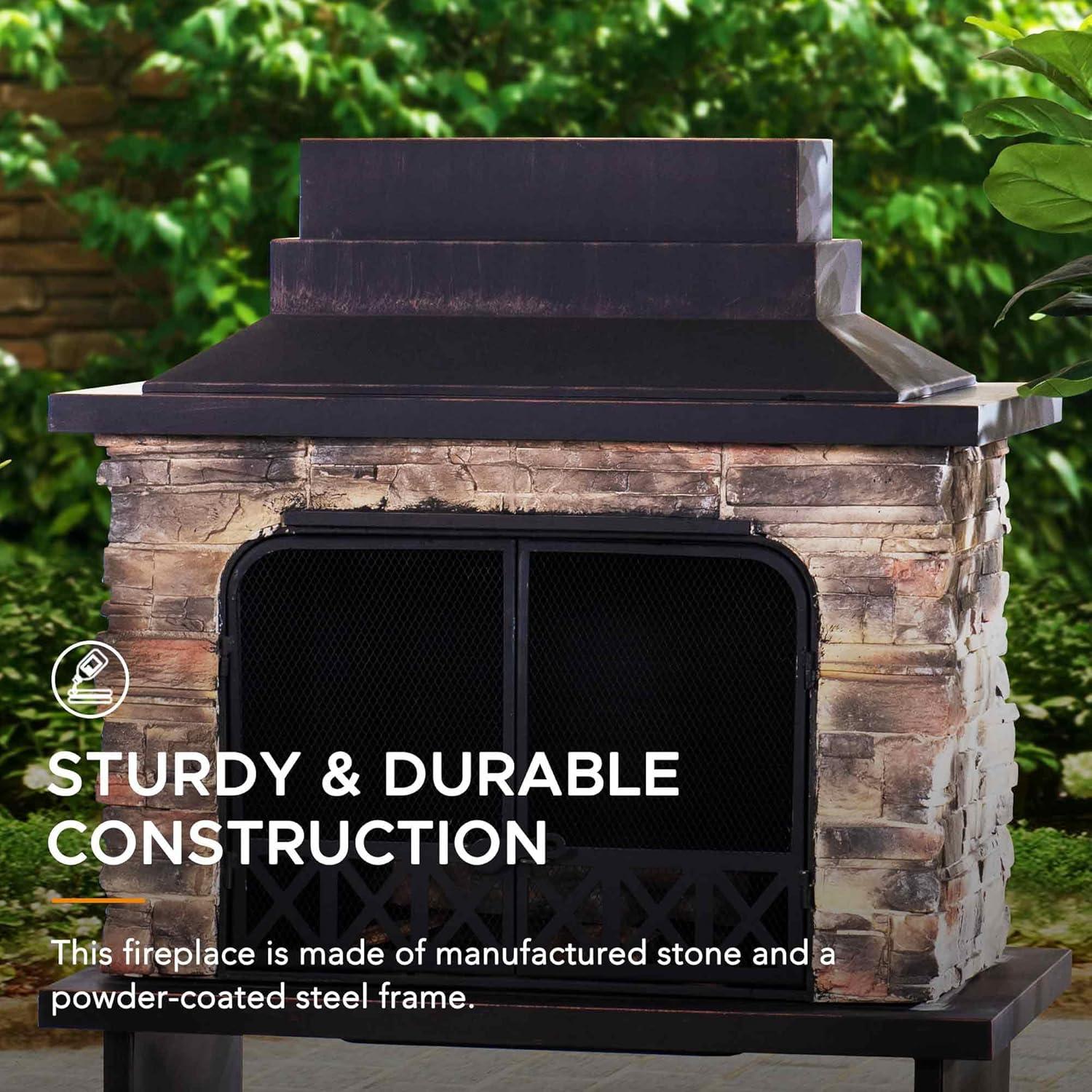 SUNJOY Outdoor 48 in. Black Steel Wood Burning Stone Fireplace with Fire Poker and Removable Grate