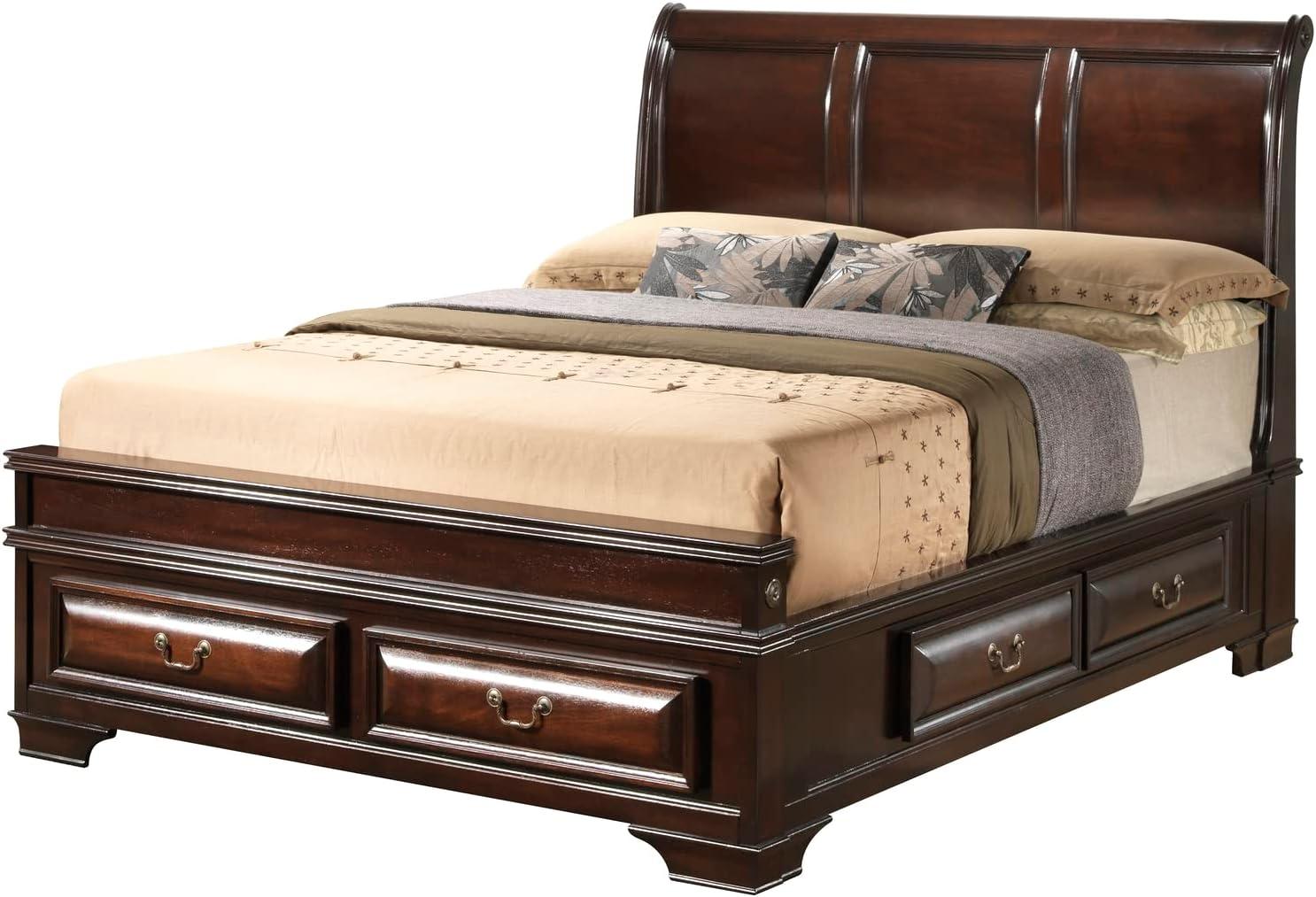 Cappuccino Queen Sleigh Bed with Upholstered Headboard and Storage Drawers