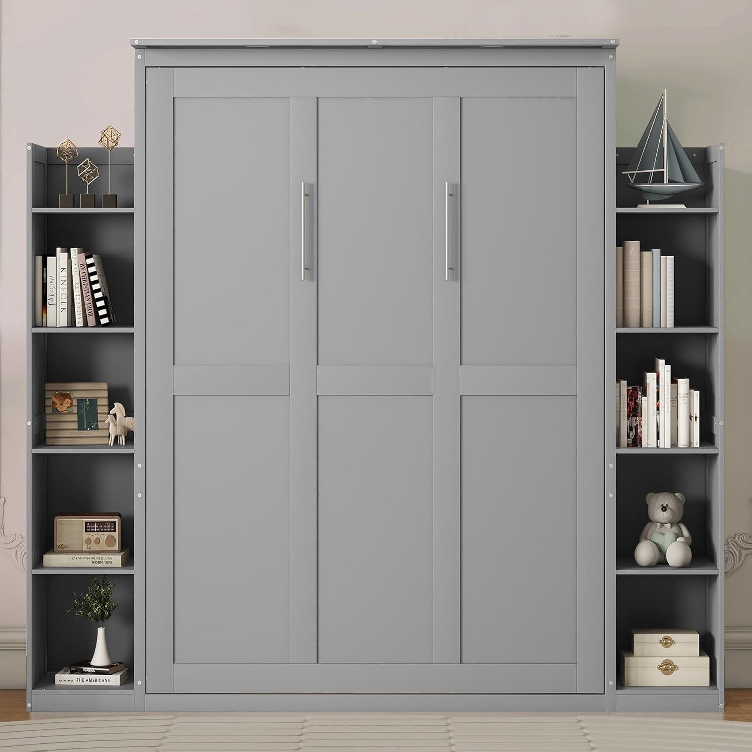 SHANRUGUOJI Murphy Bed Wall Bed With Shelves And LED Lights With Side Storage Bookcases