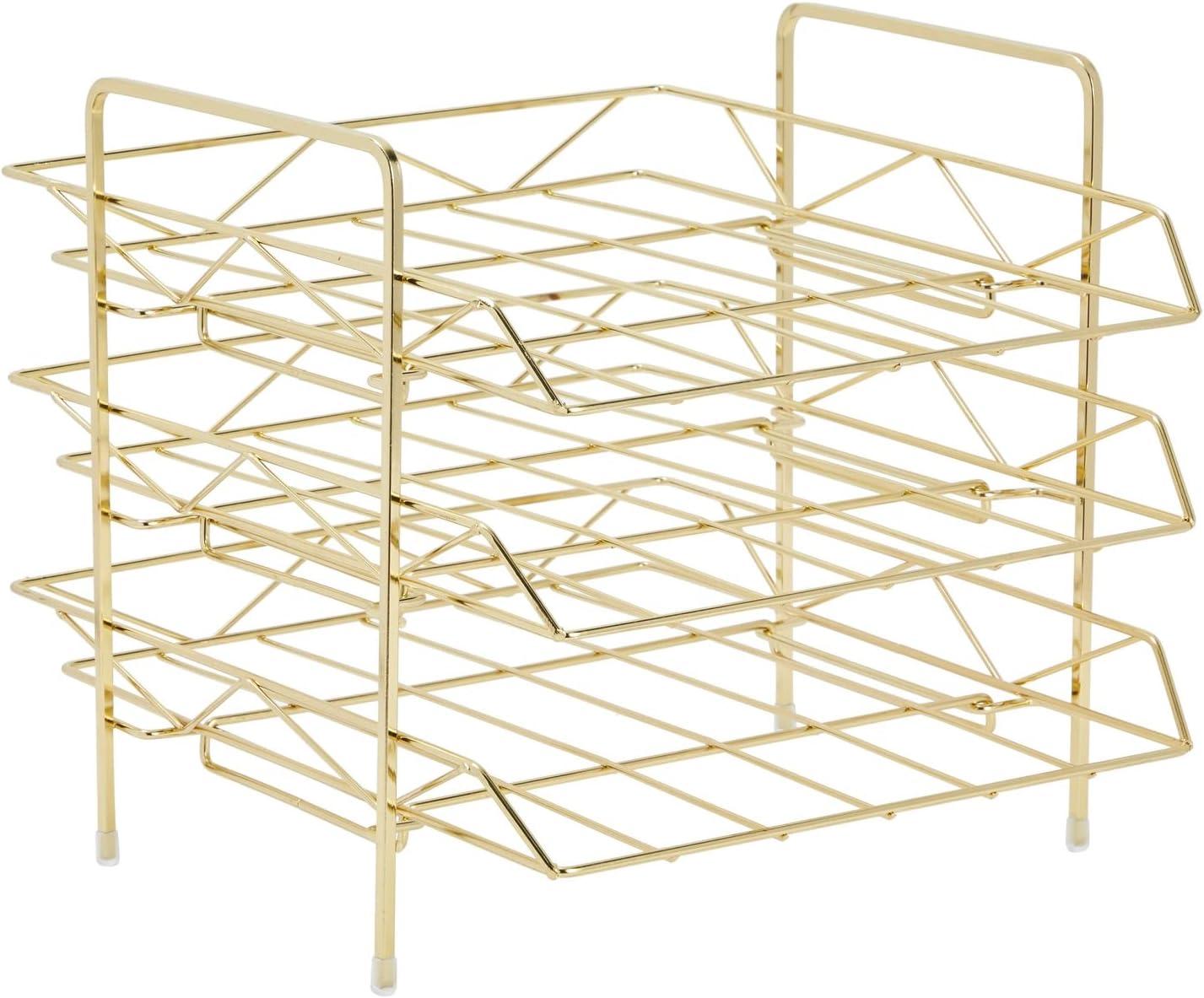 3-Tier Metal File Holder for Home or Office Desk, Stackable Paper Tray, Gold, 13 x 11 In