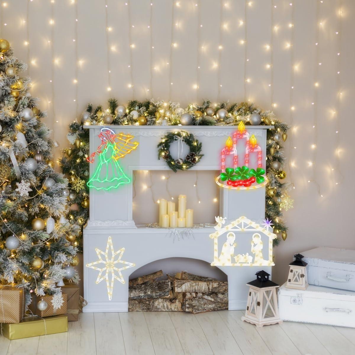 16 Inch Christmas Window Silhouette Lights Decorations, 4 Pack Waterproof Window Hanging Lights Elk, Christmas Tree, Santa Claus, Wreaths for Party, Home Indoor Outdoor Wall - 200 Mini Bulbs