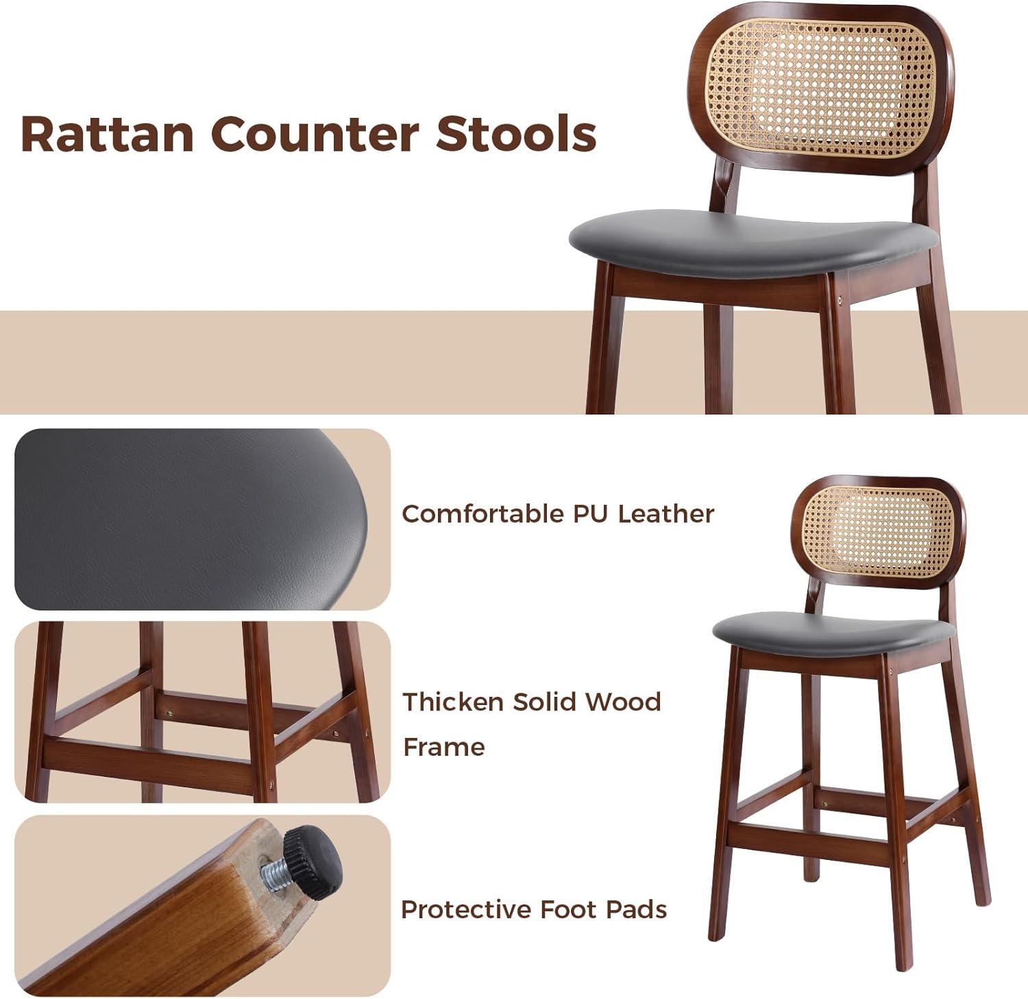 Lucky Monet 25.2" Upholstered Wood Counter Height Bar Stools w/ Rattan Back - 36.81"H x 17.72"W x 18.7"D Set of 3 - White Boucle Fabric/ Natural Frame