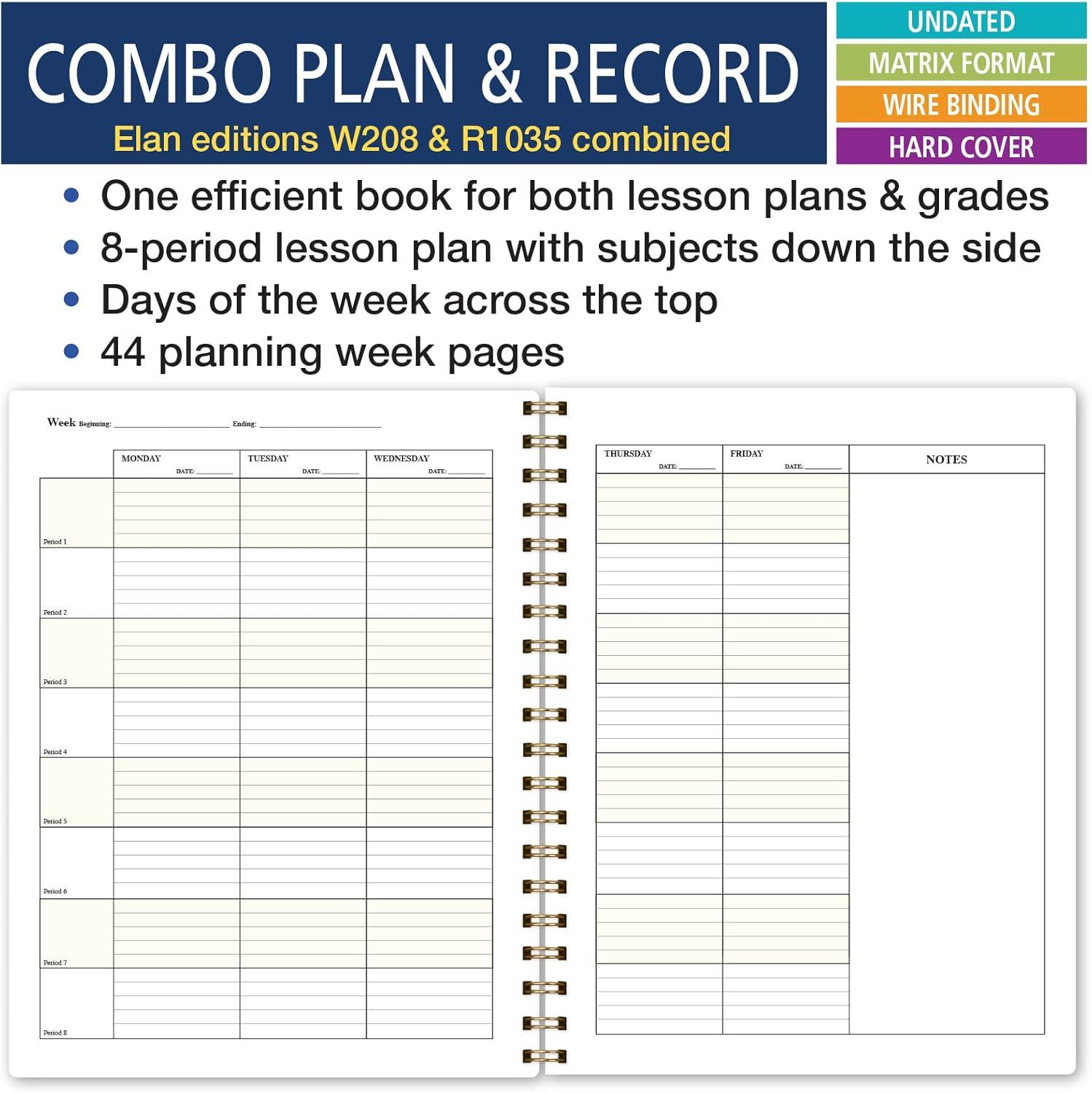 Elan Publishing Company Hardcover Combination Plan and Record Book - 8 Period Teacher Lesson Planner (PR8 + R1035) (Teal Floral)