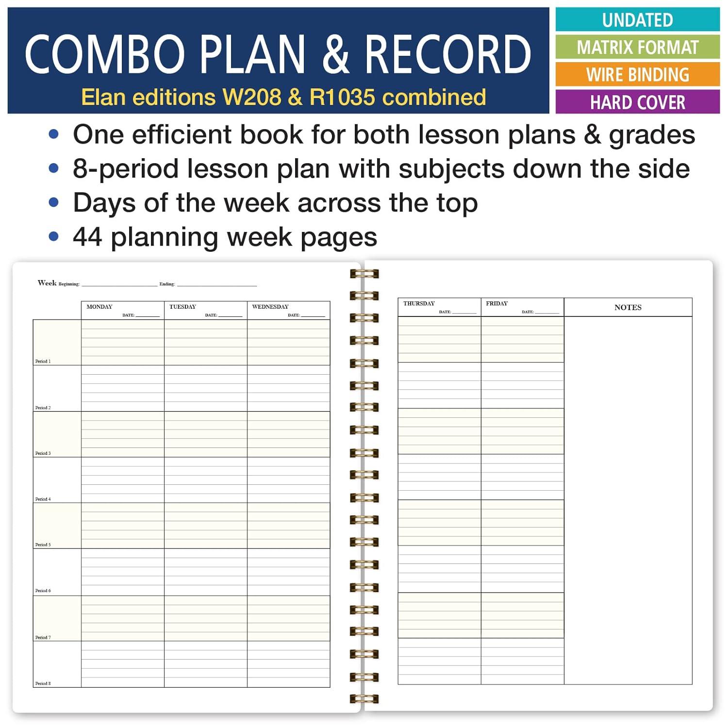 Elan Publishing Company Hardcover Combination Plan and Record Book - 8 Period Teacher Lesson Planner (PR8 + R1035) (Teal Floral)