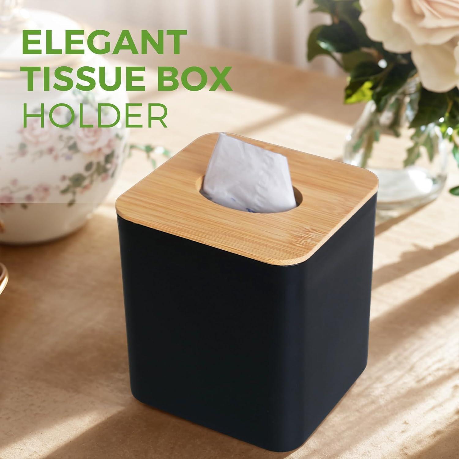 Tissue Box Cover Square, Black Tissue Box Holder with Bamboo Cover Plate, Cube Tissue Box Cover for Desk Accessories, Tissue Holders Decorative Square Tissue Box Tissue Holders for Bathrooms Bedrooms