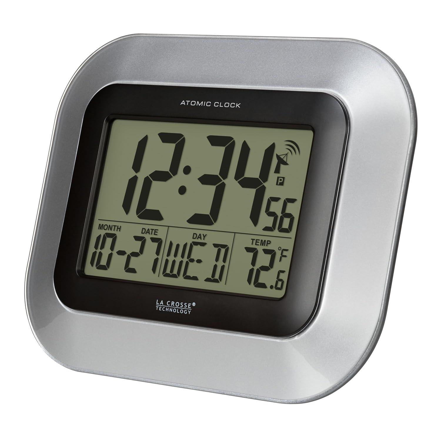 WT-8005U-S Atomic Digital Wall Clock with Indoor Temperature and Date