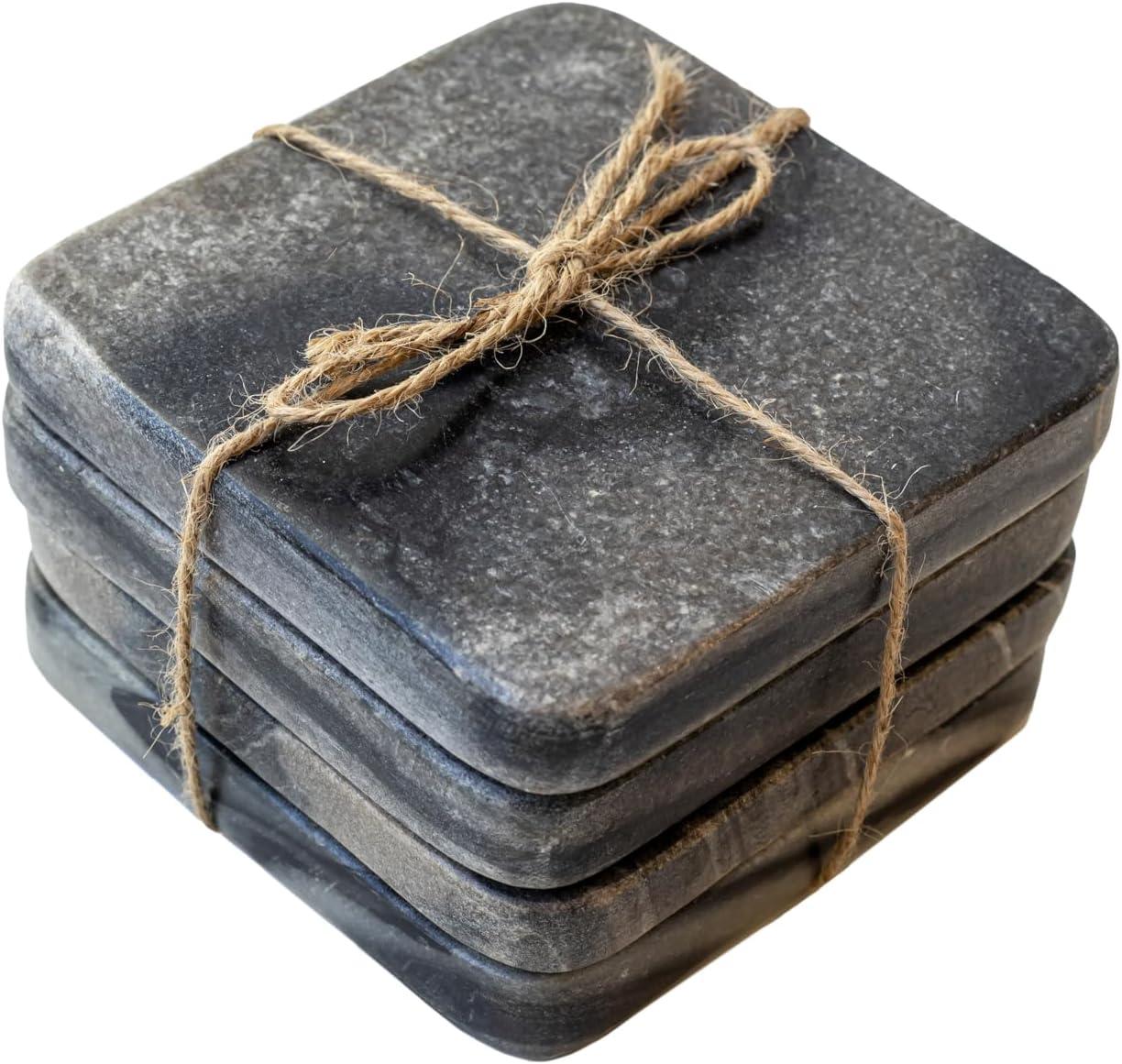 Gray and White Marble Square Coaster Set with Thankful Text