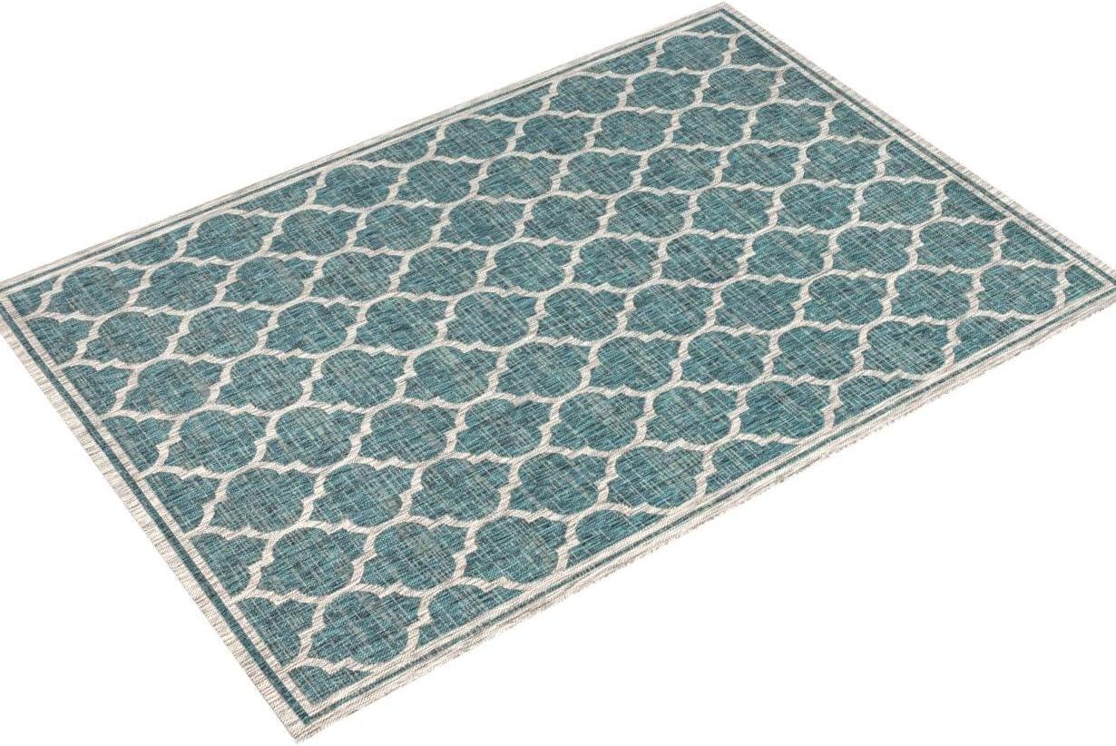 4'x6' Trebol Moroccan Trellis Textured Weave Indoor/Outdoor Area Rug, Teal/Gray - JONATHAN Y