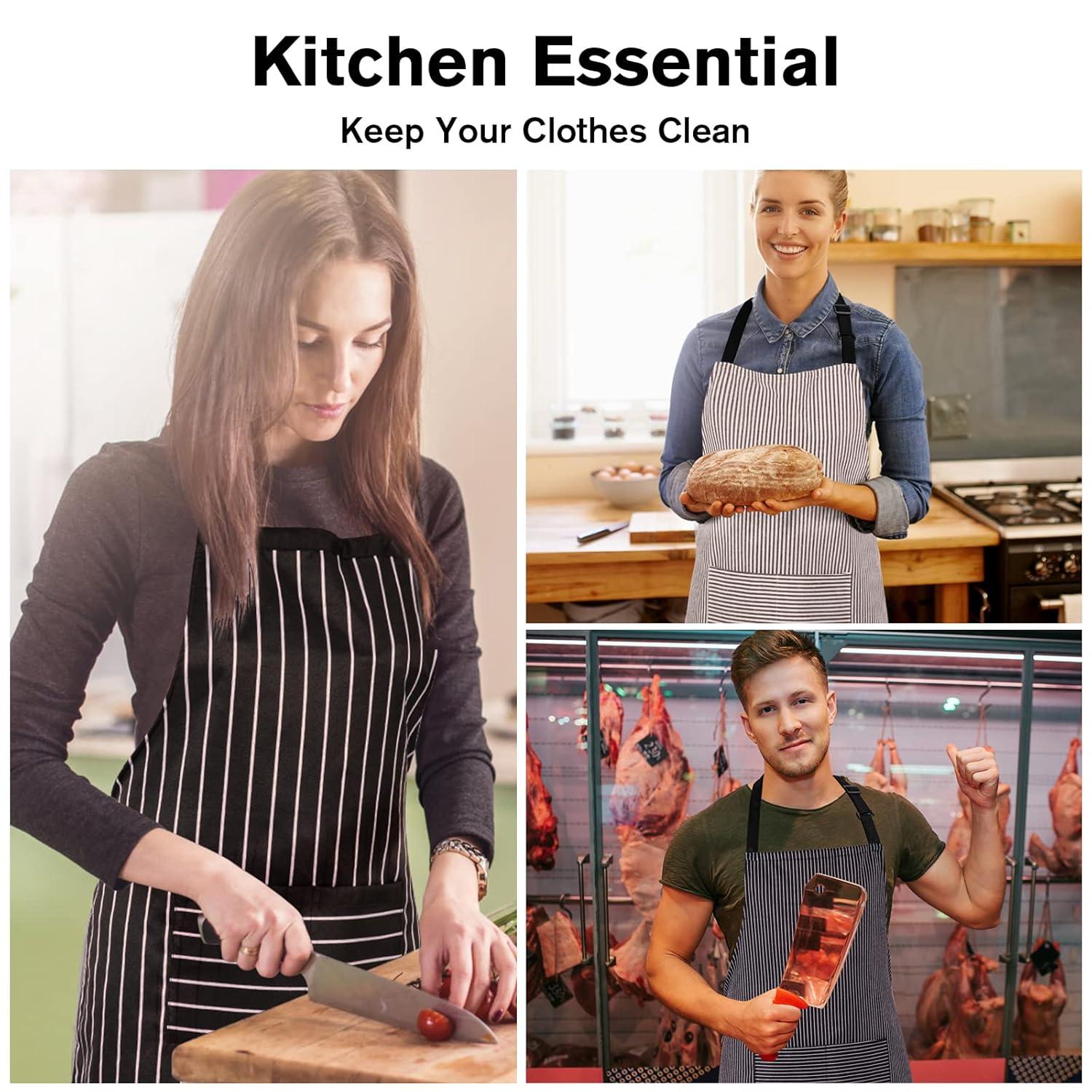 NLUS 2 Pack Cooking Aprons for Women Men with 2 Pockets, 29.5" x 26.8" (Black/Brown Stripes)