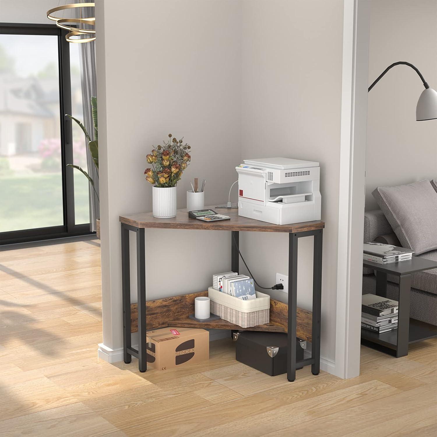 Armocity Corner Small Desk with Outlets Corner Table for Small Space Industrial Computer Desk with USB Ports Triangle Desk with Storage for Home Office, Workstation, Living Room, Bedroom, Rustic