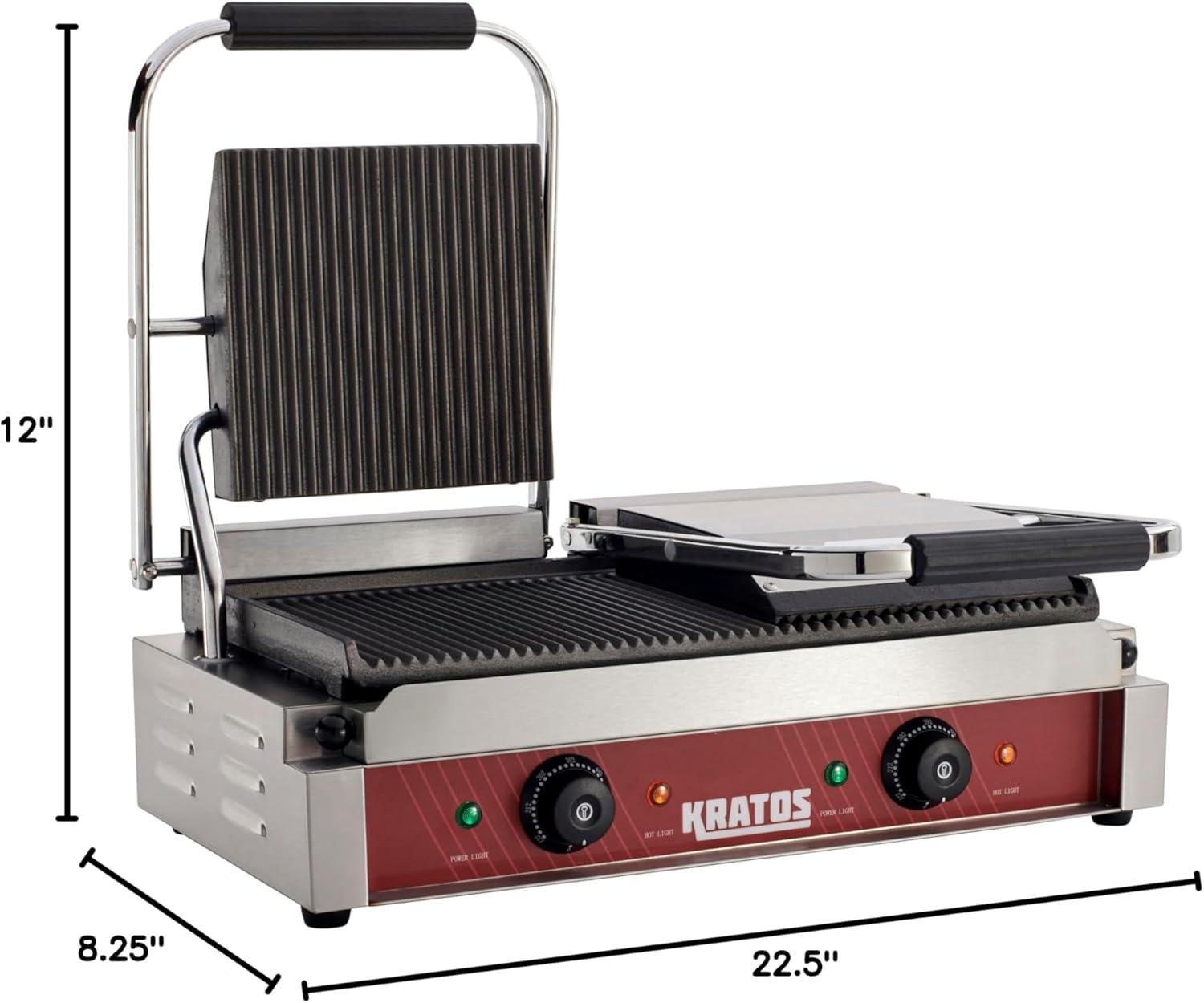 Kratos Commercial Electric Panini Sandwich Grill with Grooved Plates, 9" x 9" Cooking Surface, Commercial Countertop Panini Press, 120V, 1750W (29Y-017)