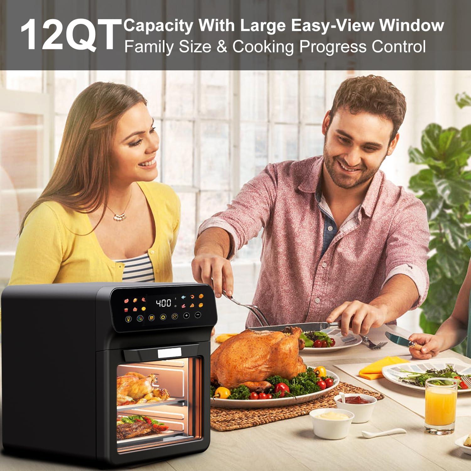 Air Fryer Toaster Oven Combo, 12Qt Large Family Size, Large Easy-View Window, Digital Touchscreen With 12 Presets, Auto Shutoff, Nonstick, Dishwasher-Safe, Bake, Roast, Reheat, Black