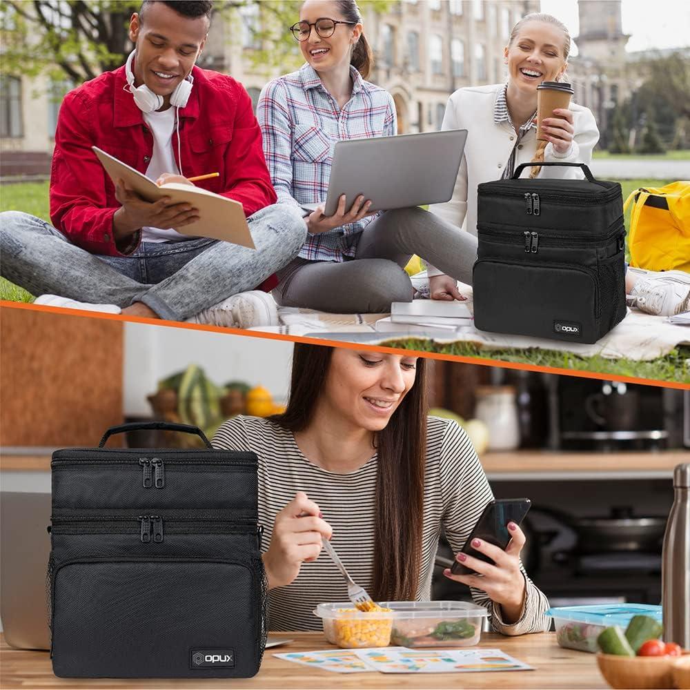 OPUX Insulated Lunch Box Men Women, Large Soft Cooler Bag Work School Picnic, Leakproof Tote Shoulder Strap Kid Adult (Black, Double Deck)