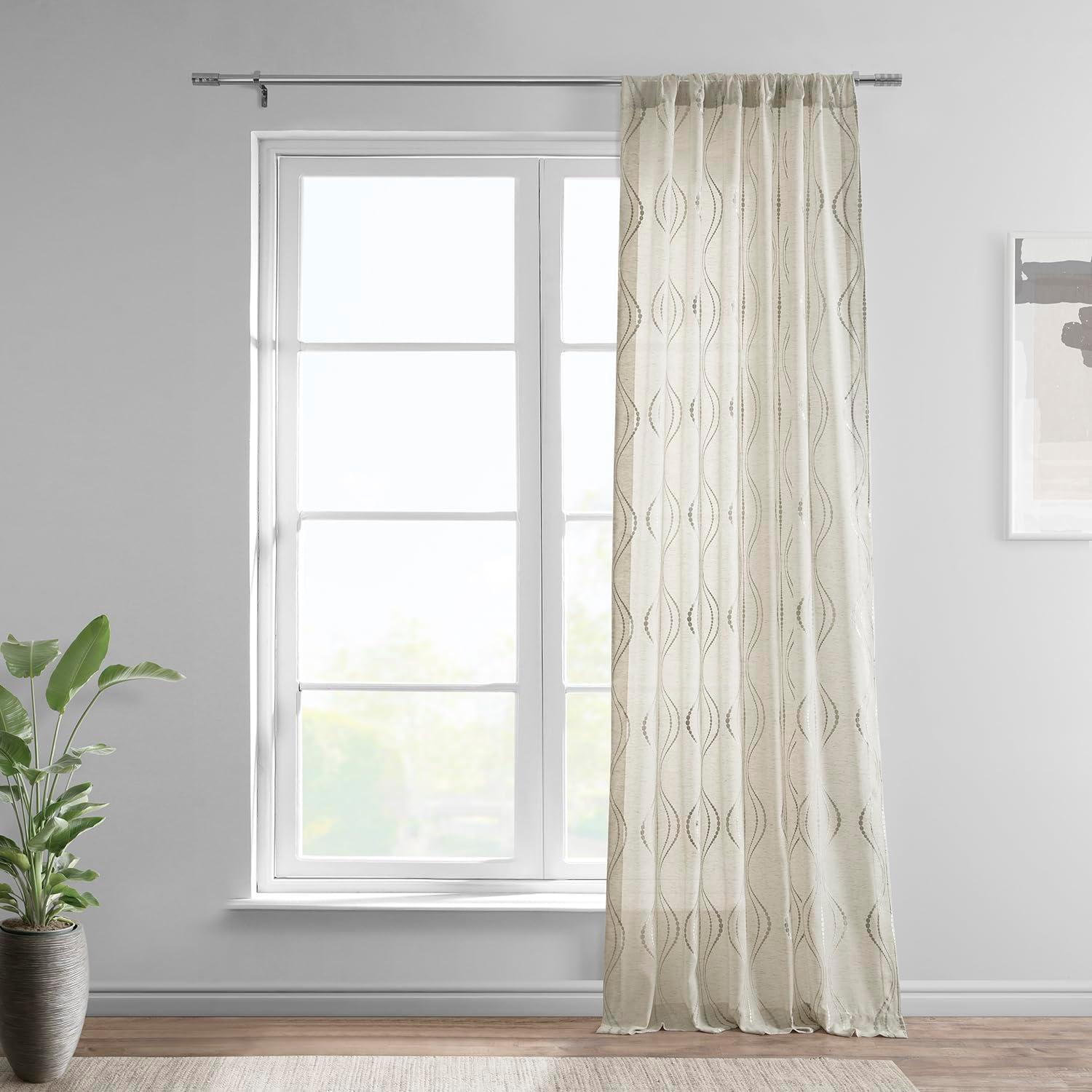 Suez Natural Embroidered Faux Linen Sheer Curtain Panel 50W x 84L