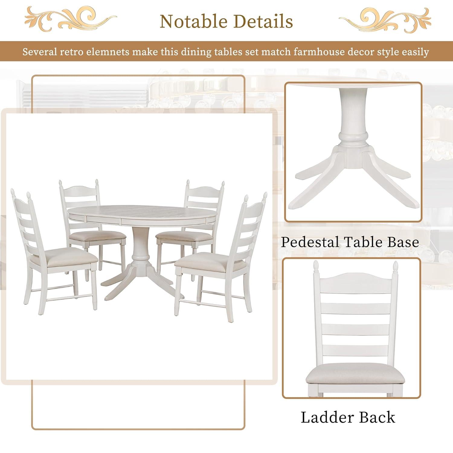MERITLINE Dining Table Set, 5-Piece Retro Functional Dining Table Set, Wood Round Extendable Dining Table and 4 Upholstered Dining Chairs（Off White）