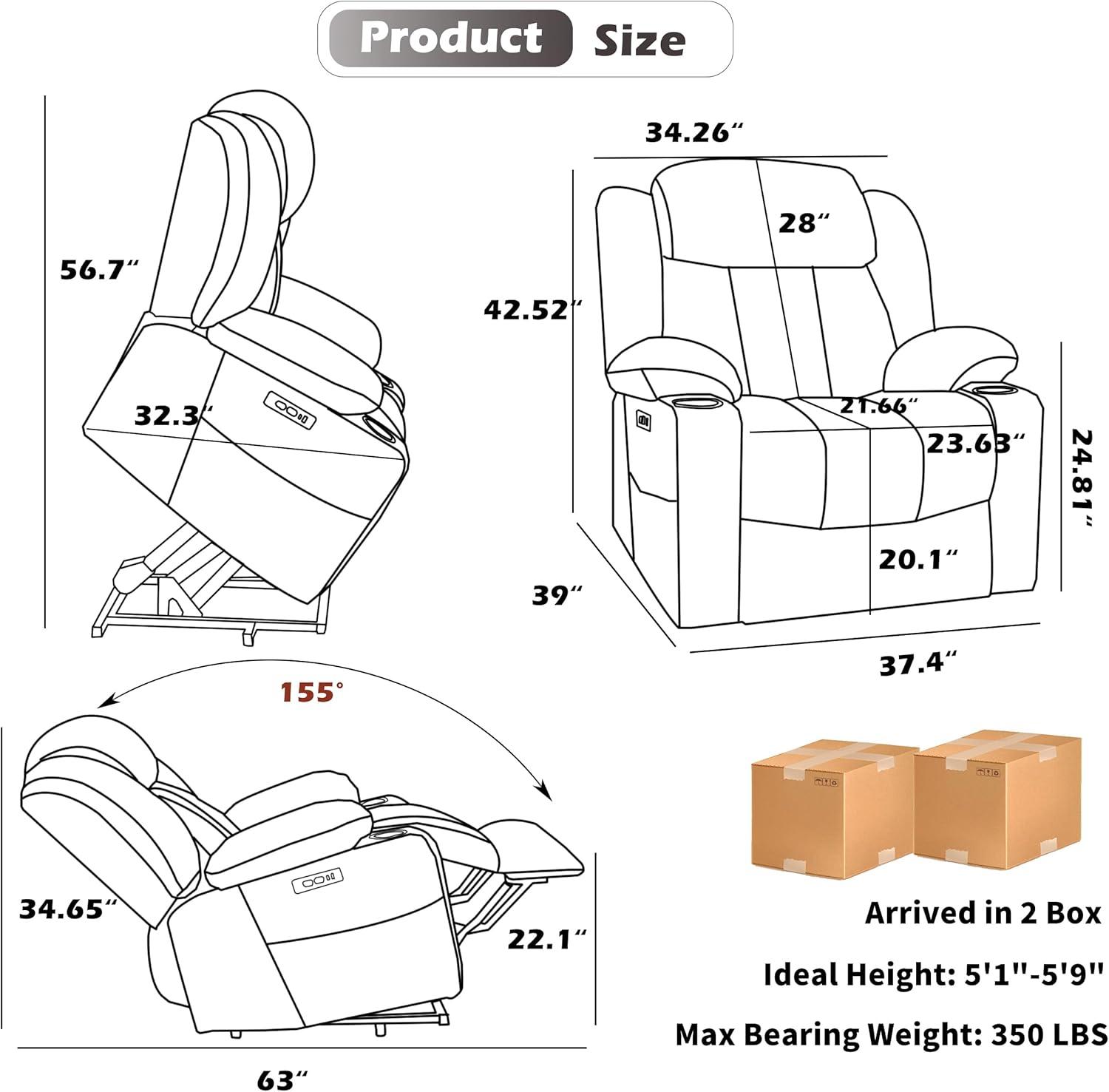 Power Lift Chair with Full-Body Massage and Heat, Electric Recliner Chairs for Adults, Remote Control, Standing Assistance, USB Ports, Stainless Steel Cup Holders, Chenille Brown