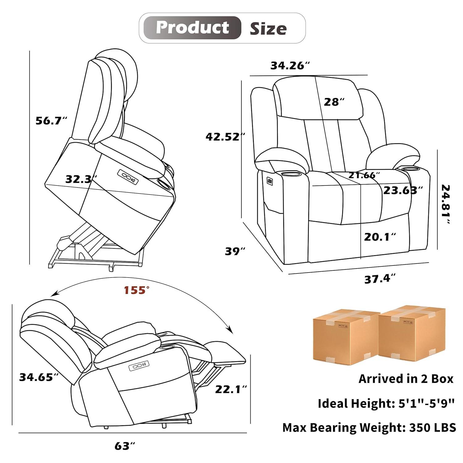 Power Lift Chair with Full-Body Massage and Heat, Electric Recliner Chairs for Adults, Remote Control, Standing Assistance, USB Ports, Stainless Steel Cup Holders, Chenille Brown