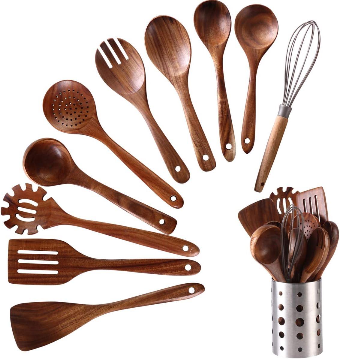 Wooden Kitchen Utensils set With Utensil Holder KOSMIKO 11 PCS Teak Wooden Cooking Spoons and Spatula for Cooking including Spoon Ladle Fork.